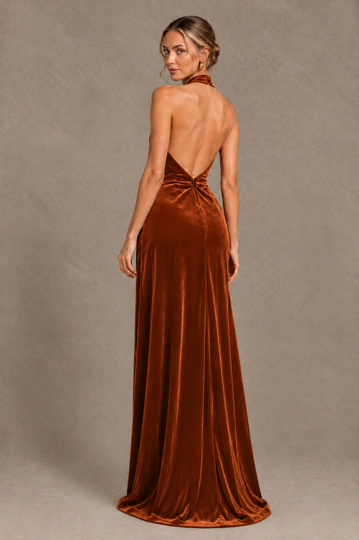 BOLODOO Burnt Orange Velvet Halter Open-Back Ruched Evening Dress - Burnt Orange - Burnt_Orange_2