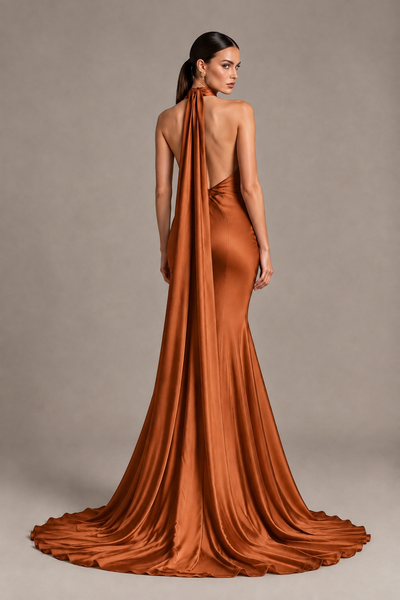 BOLODOO Burnt Orange One-Shoulder Satin Mermaid Evening Dress with Scarf - Burnt Orange - Burnt Orange_2
