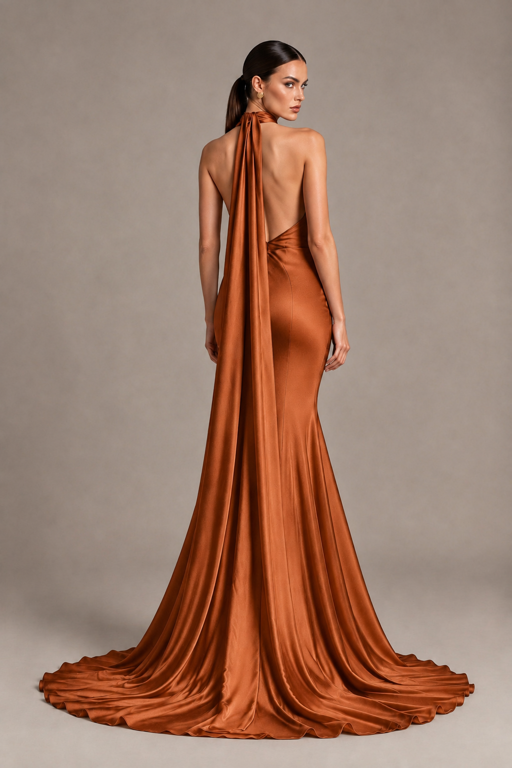 BOLODOO Burnt Orange One-Shoulder Satin Mermaid Evening Dress with Scarf - Burnt Orange - Burnt Orange_2