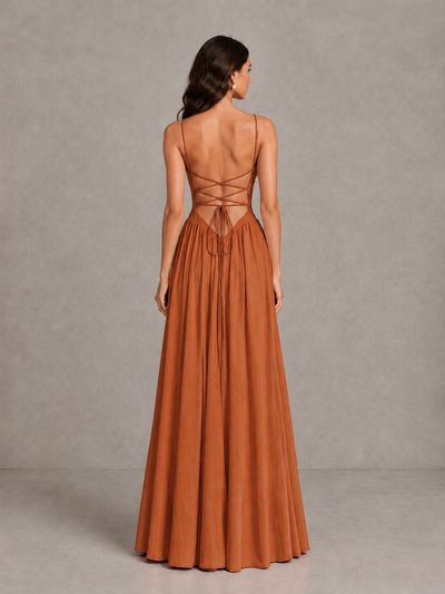 BOLODOO Burnt Orange Lace-Up Back A-Line Bridesmaid Dress - Burnt Orange - Burnt Orange_2