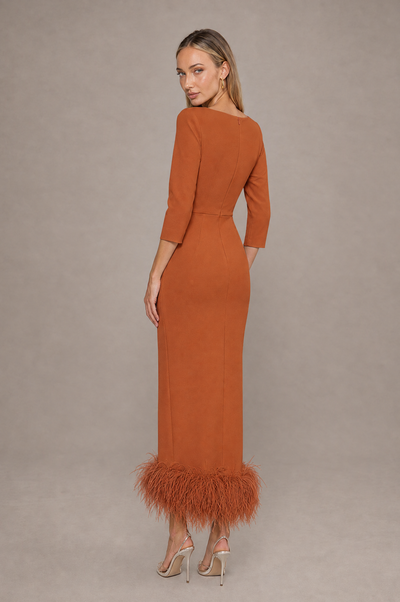 BOLODOO Burnt Orange Feather-Trim Twist-Waist Midi Dress - Burnt Orange - Burnt_Orange_2