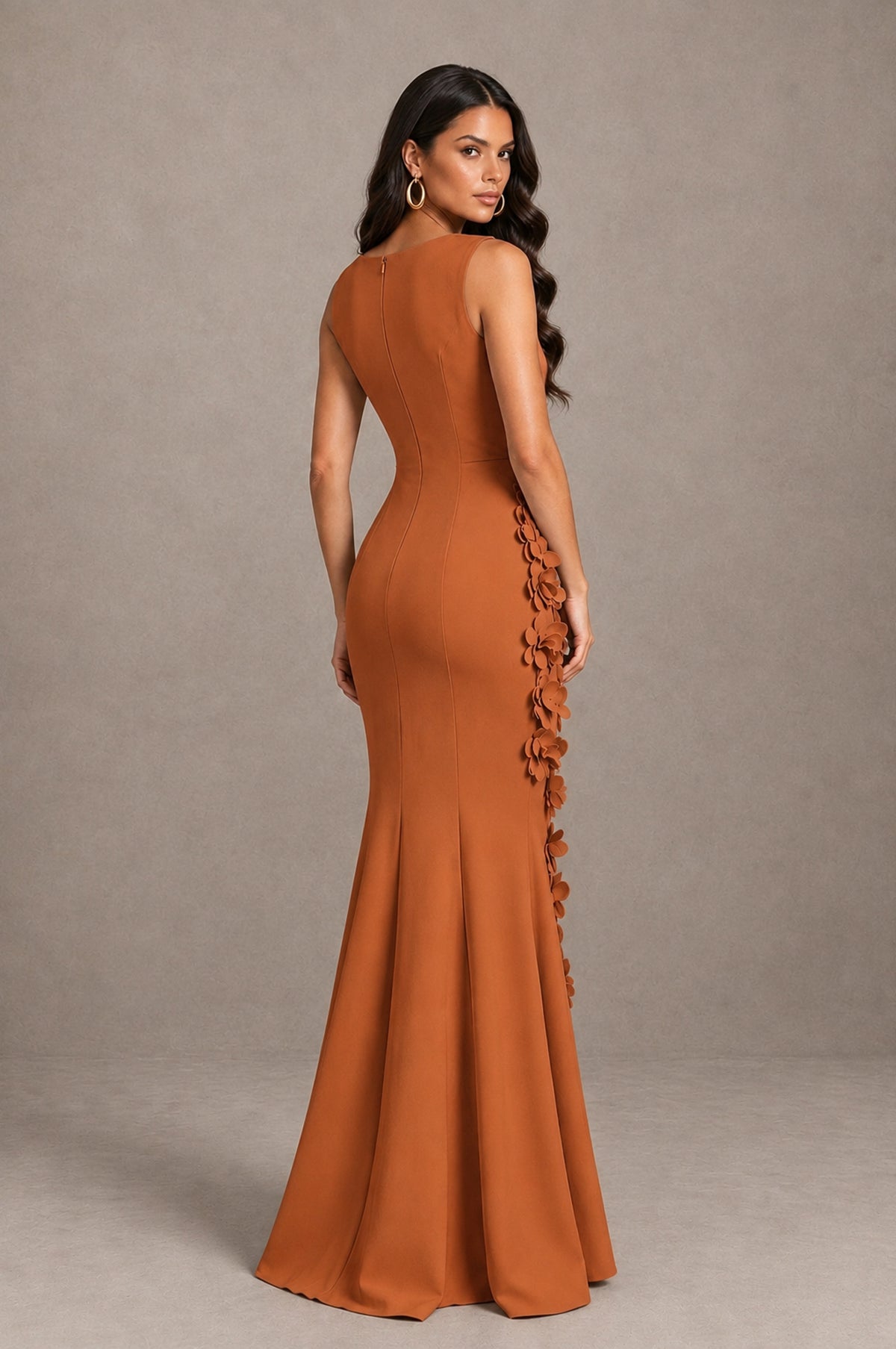 BOLODOO Burnt Orange Bateau Neck Sleeveless Asymmetric Peplum 3D Petal Appliqué Mermaid Gown BD0421 - Burnt Orange - Burnt Orange_2