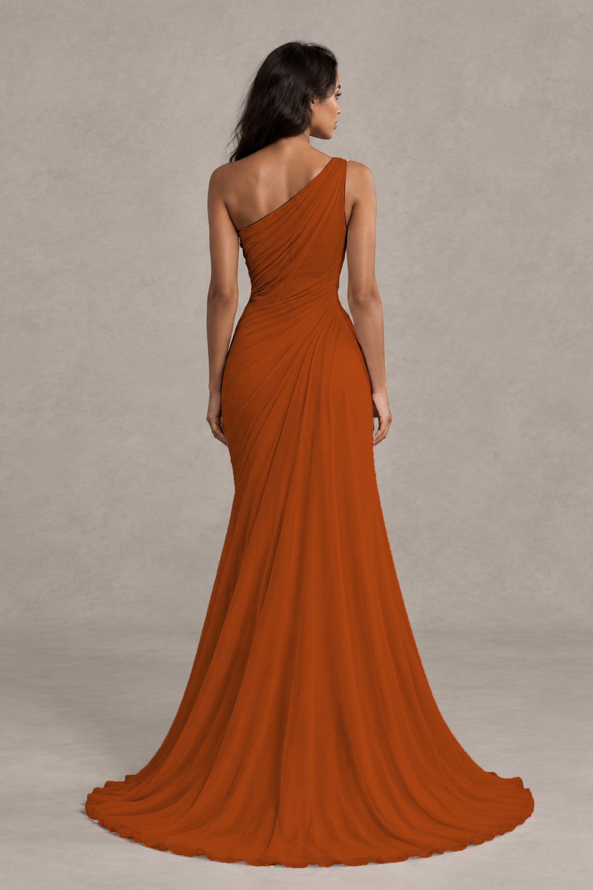 BOLODOO Burnt Orange One-Shoulder Floral Ruched Maxi Dress - Burnt Orange