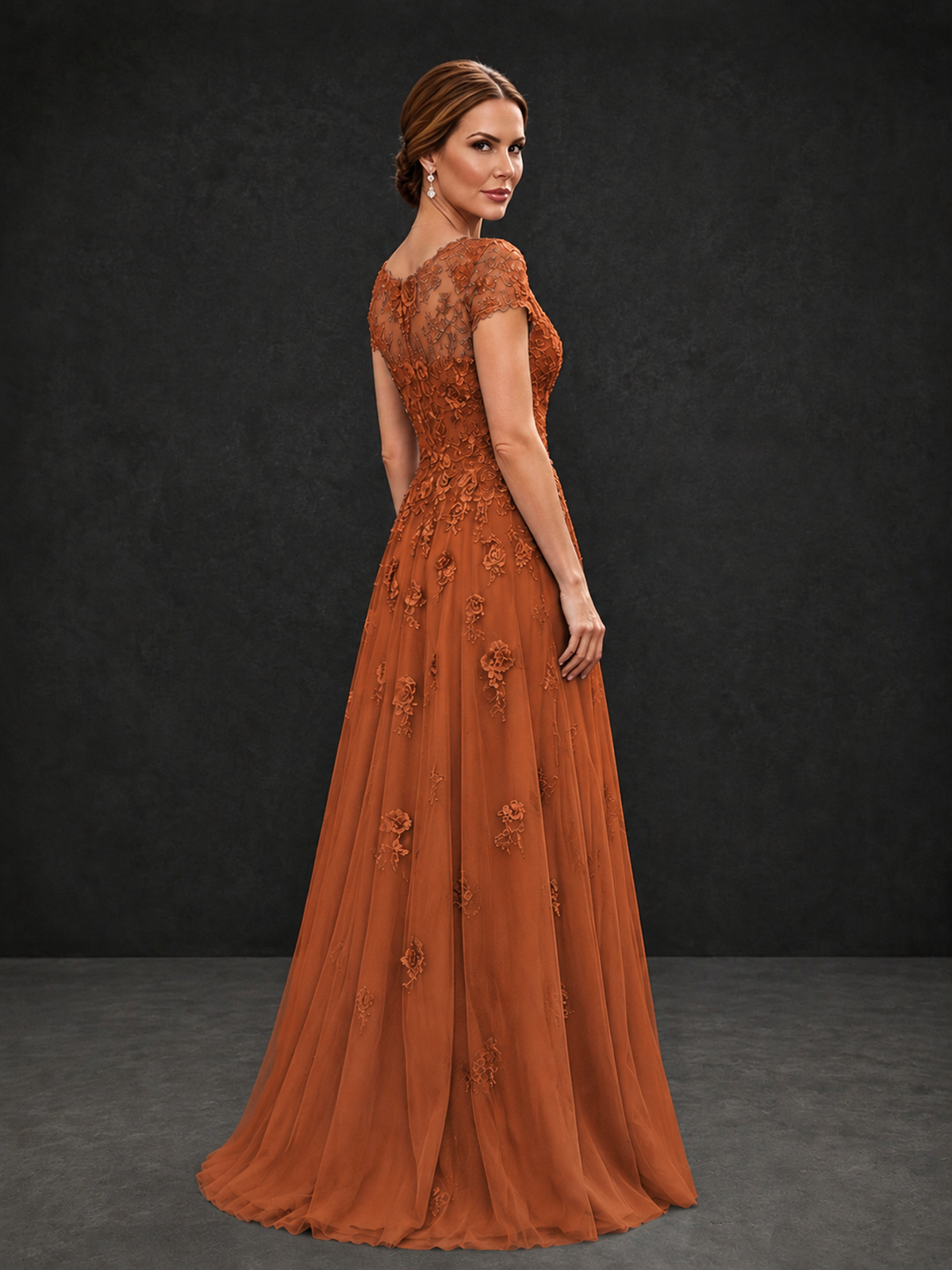 BOLODOO Burnt Orange Cap Sleeve Lace Appliqué A-Line Formal Gown | Mother of the Bride Dress - Burnt Orange - Burnt Orange_2