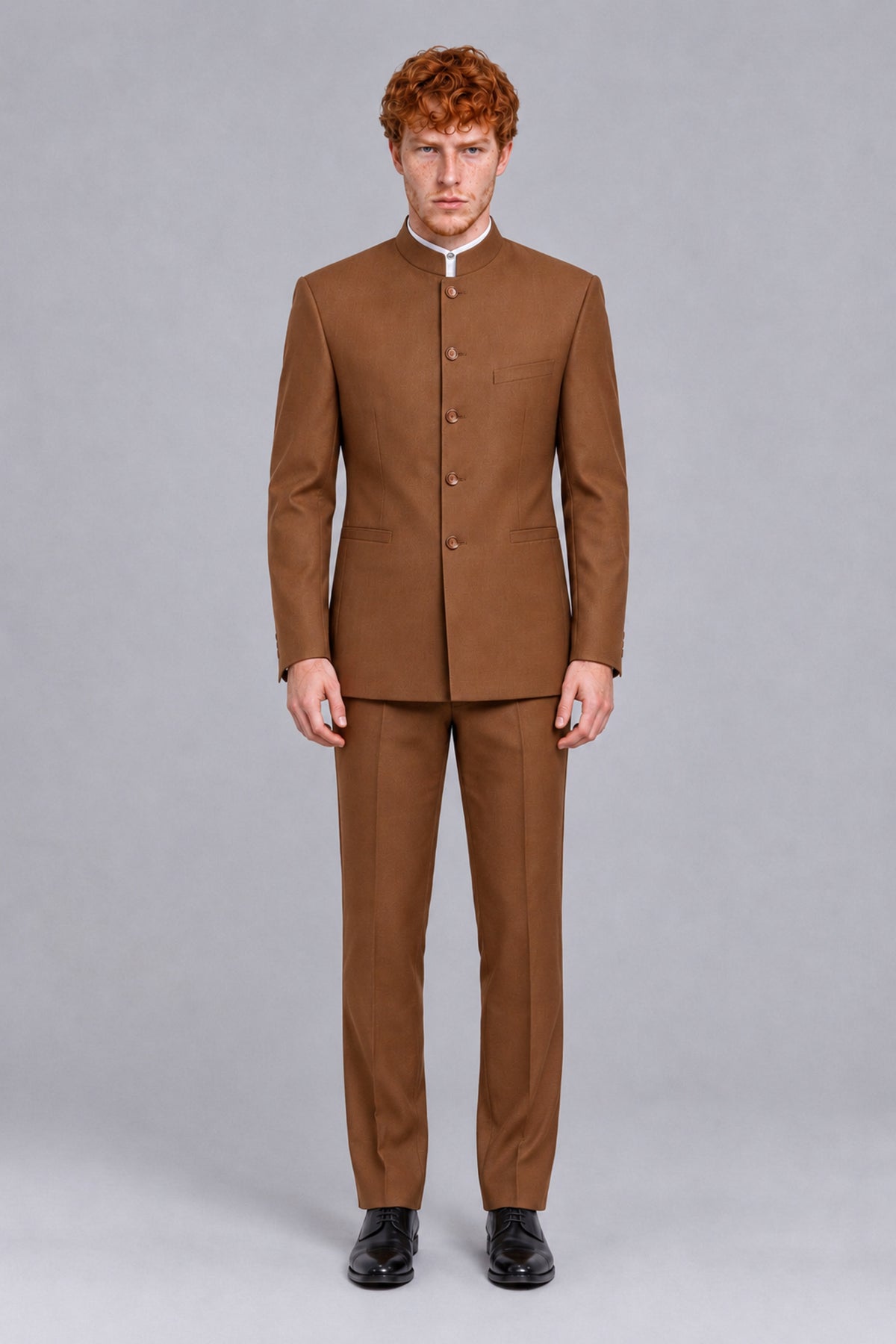 BOLODOO Men's Burnt Orange Mandarin Collar Two-Piece Suit - Burnt Orange - Burnt Orange_2