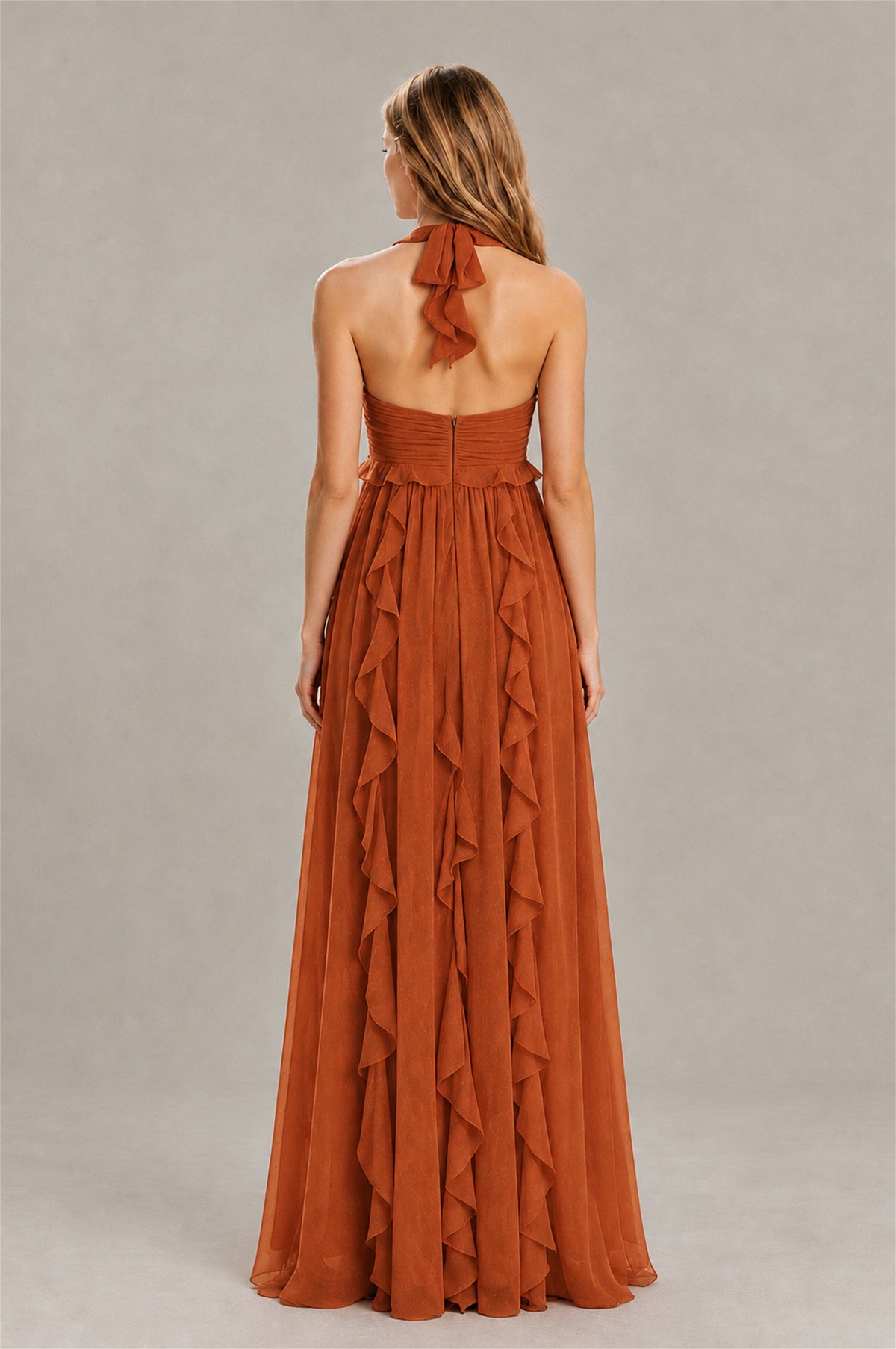 BOLODOO Burnt Orange Halter Ruffle A-Line Floor-Length Evening Dress - Burnt Orange - Burnt_Orange_2