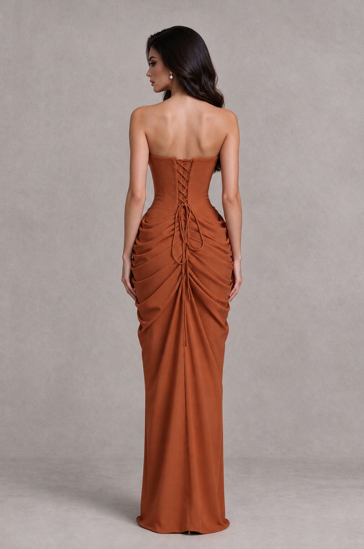 BOLODOO Burnt Orange Strapless Ruched Corset Evening Gown - Burnt Orange - Burnt Orange_2