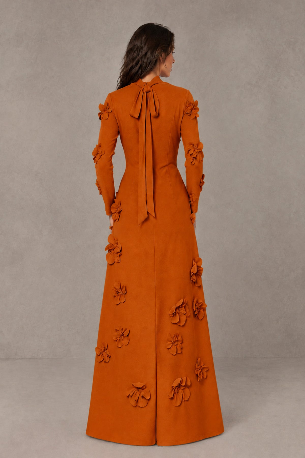BOLODOO Burnt Orange High Neck Long Sleeve 3D Floral Evening Gown - Burnt Orange