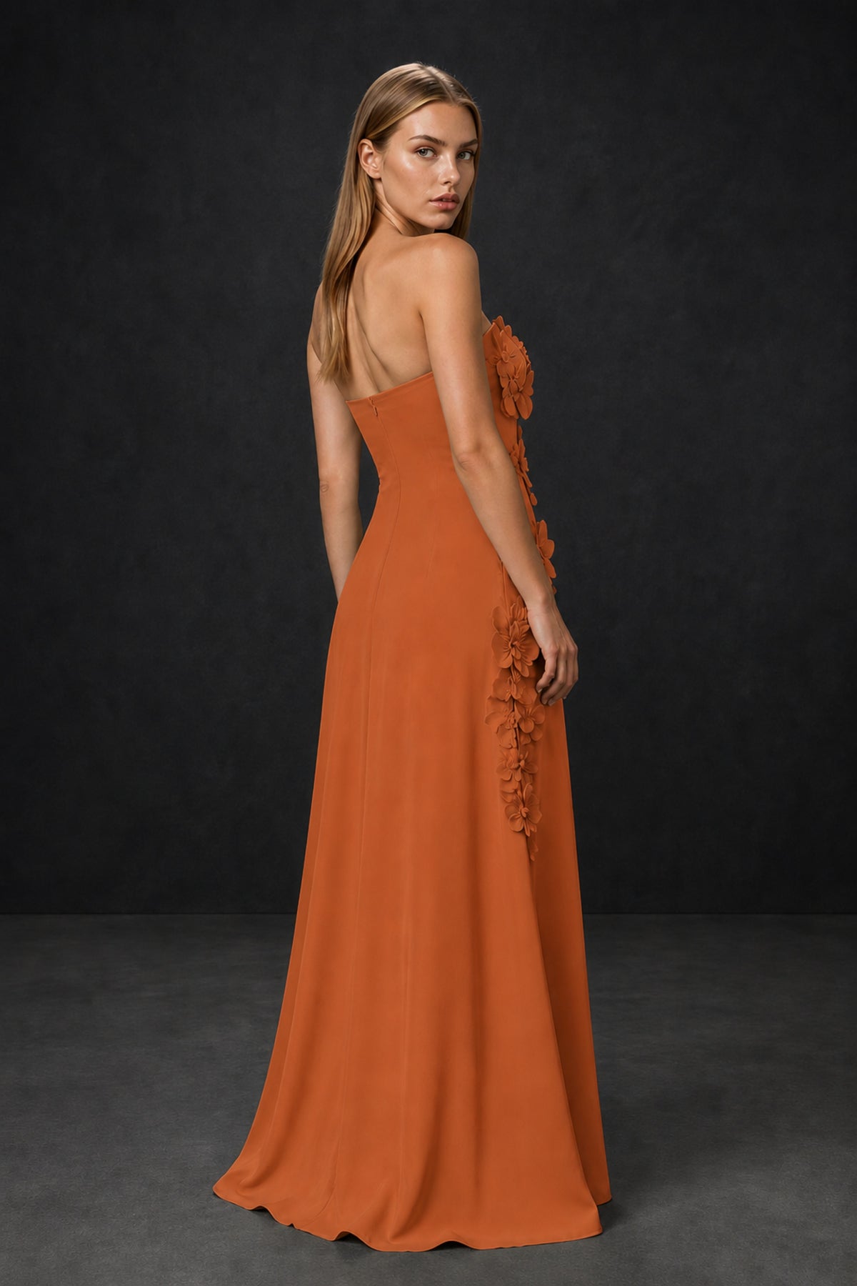 BOLODOO Burnt Orange Strapless 3D Floral Appliqué Crepe Mermaid Maxi Gown - Burnt Orange