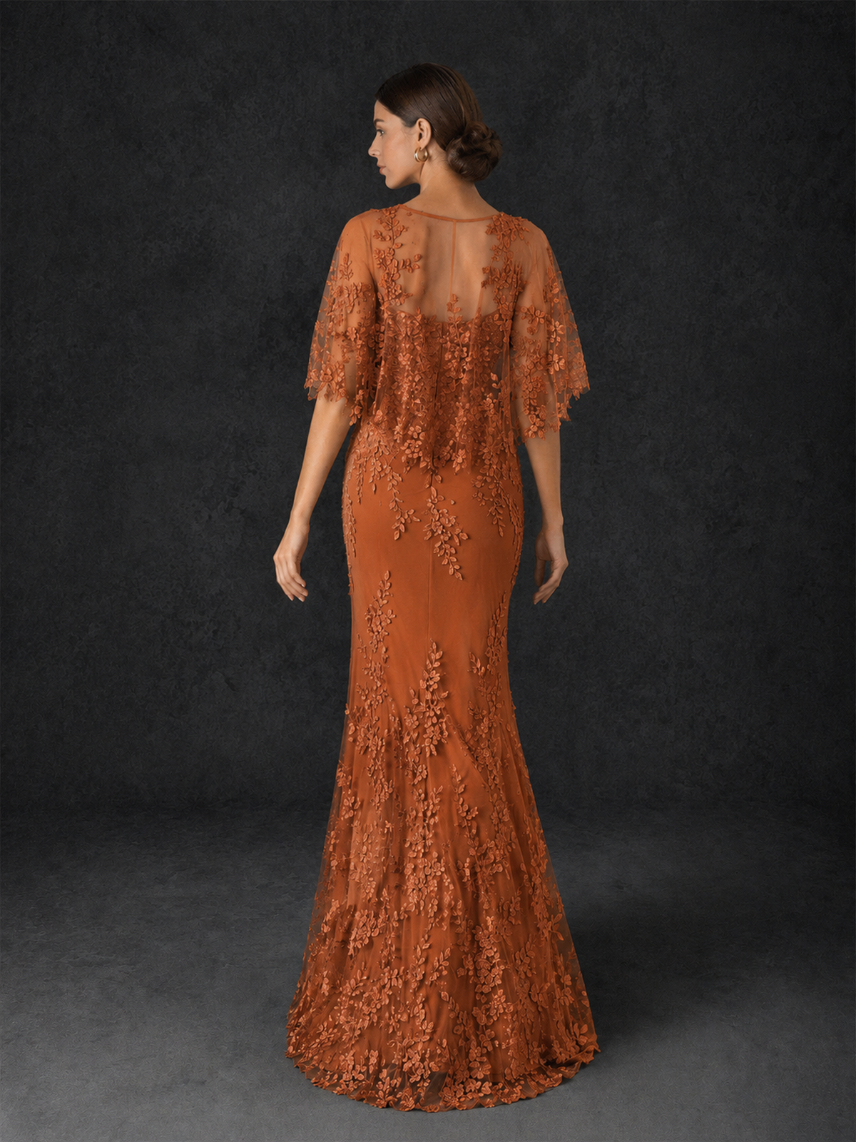 BOLODOO Mocha Burnt Orange Botanical Lace Flutter Sleeve Mermaid Gown - Burnt Orange
