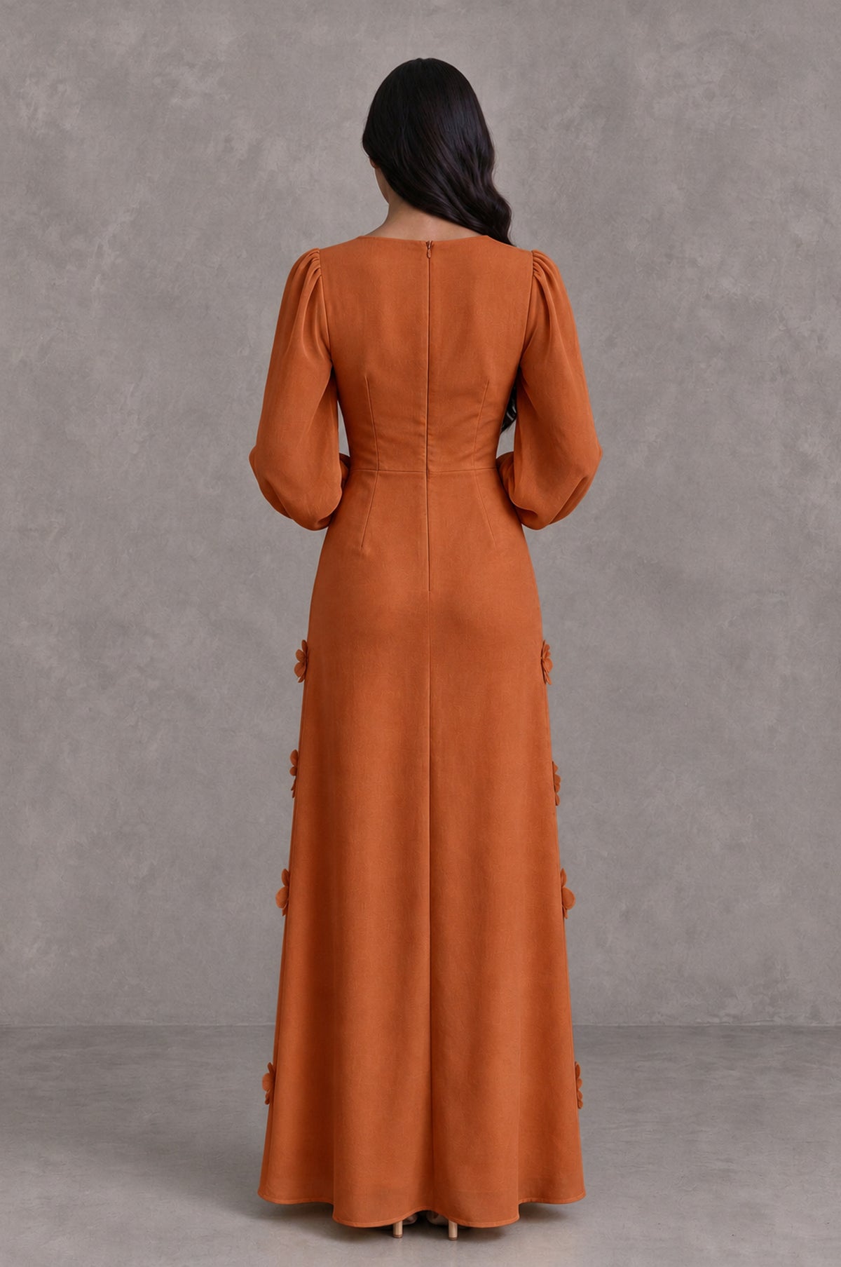 BOLODOO Burnt Orange Long Sleeve Floral Applique A-Line Evening Dress - Burnt Orange - Burnt Orange_2