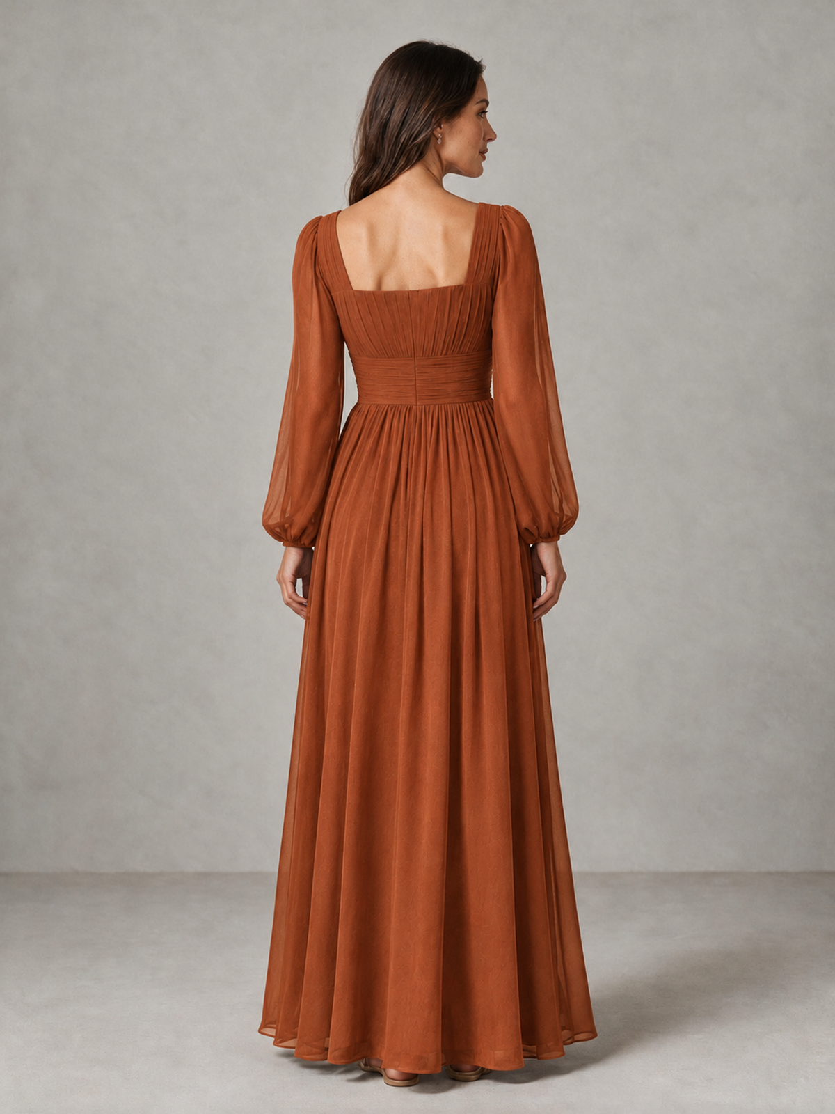 BOLODOO Burnt Orange Square Neck Long Sleeve Chiffon Bridesmaid Dress - Burnt Orange - Burnt Orange_2