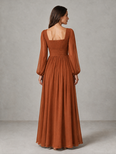 BOLODOO Burnt Orange Square Neck Long Sleeve Chiffon Bridesmaid Dress - Burnt Orange - Burnt Orange_2