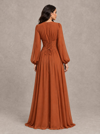 BOLODOO Burnt Orange Long Sleeve A-Line Bridesmaid Dress - Burnt Orange - Burnt Orange_2