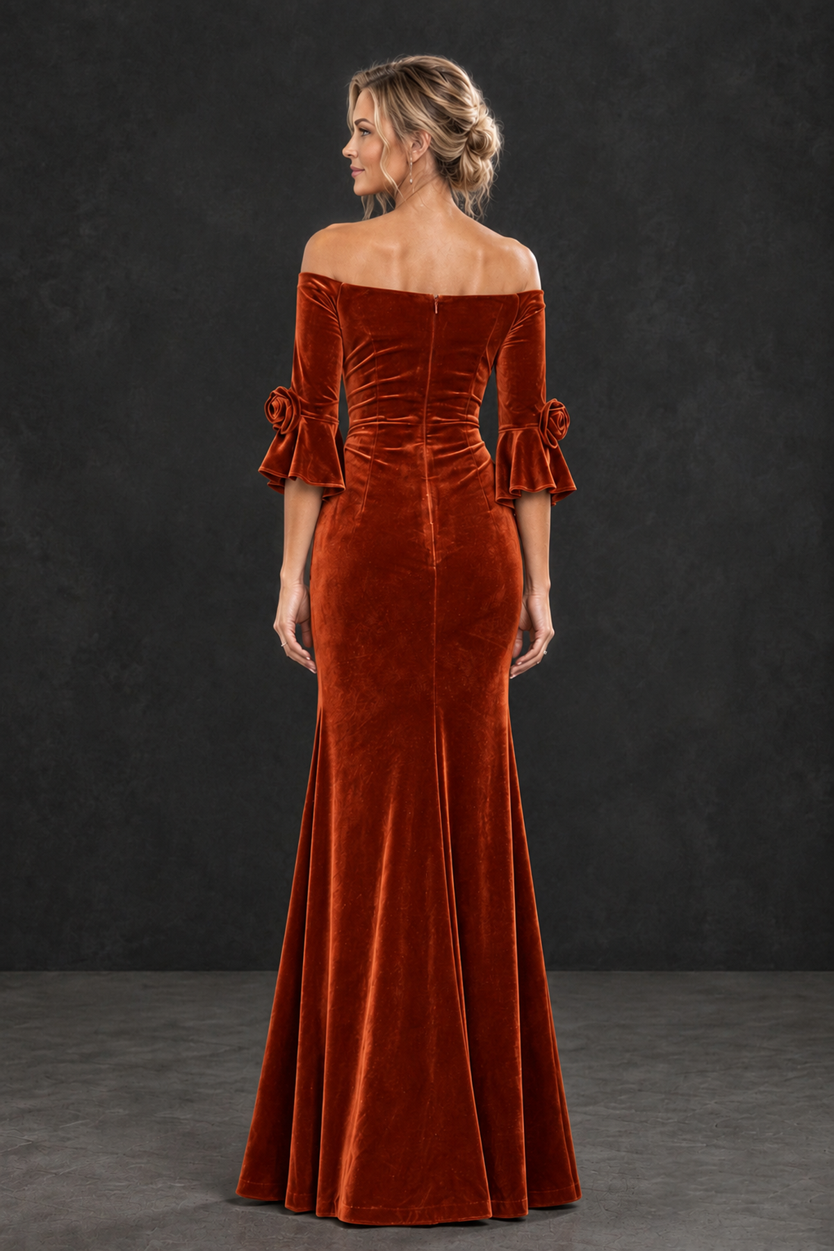 BOLODOO Burnt Orange Velvet Off-Shoulder Mother of the Bride Dress – 3/4 Floral Cuff Sleeve Mermaid Evening Gown - Burnt Orange - Burnt Orange_2