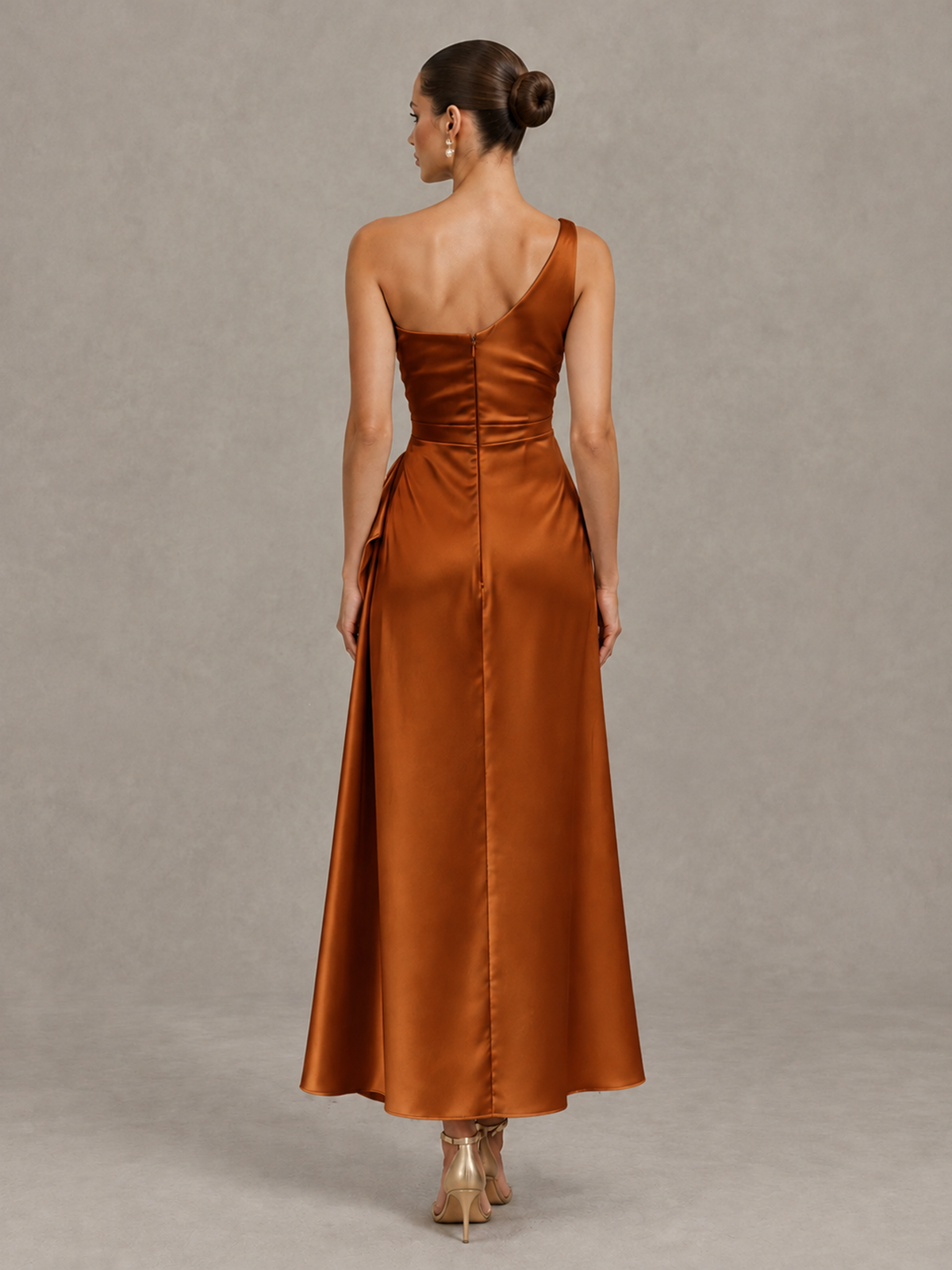BOLODOO Burnt Orange One Shoulder Satin Cocktail Dress with Draped A-Line Skirt - Burnt Orange - Burnt Orange_2