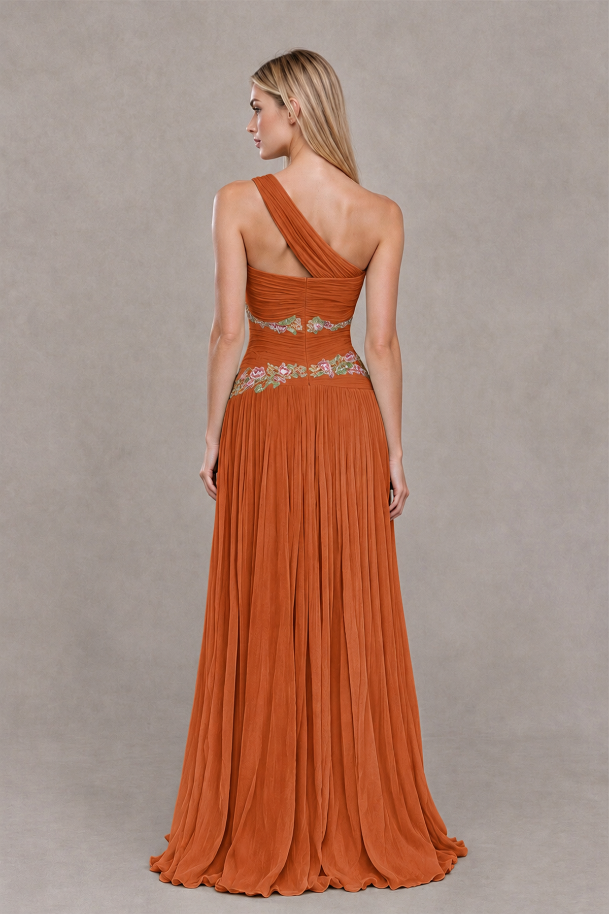 BOLODOO Burnt Orange One-Shoulder Floral Applique A-Line Evening Dress - Burnt Orange - Burnt Orange_2