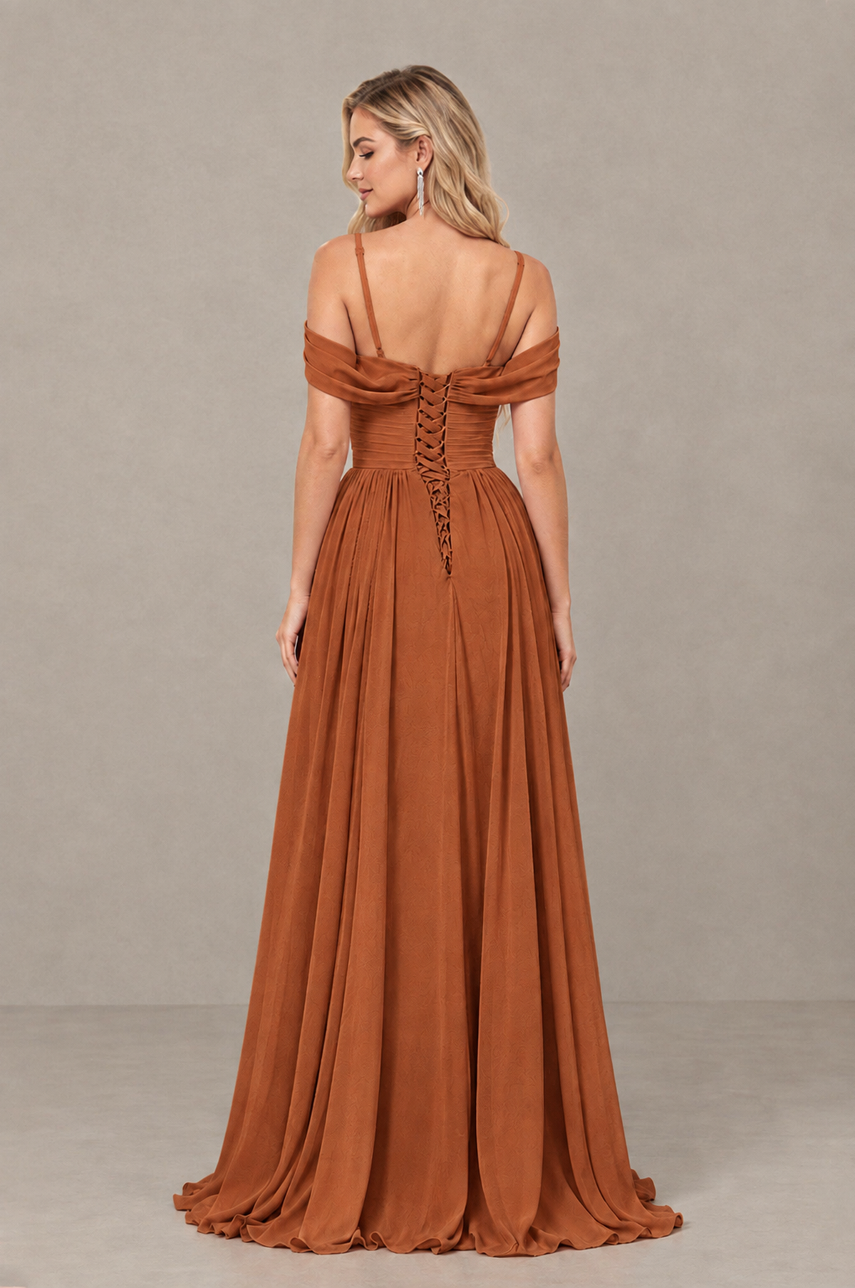 BOLODOO Burnt Orange Off-Shoulder Bridesmaid Dress with Slit - Burnt Orange