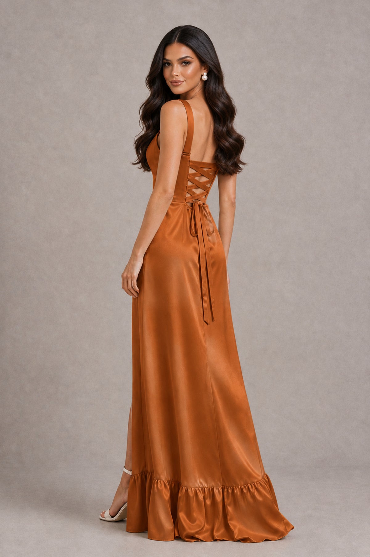 BOLODOO Burnt Orange Square Neck Satin Evening Dress with Lace-Up Back and High Slit - Burnt Orange - Burnt Orange_2