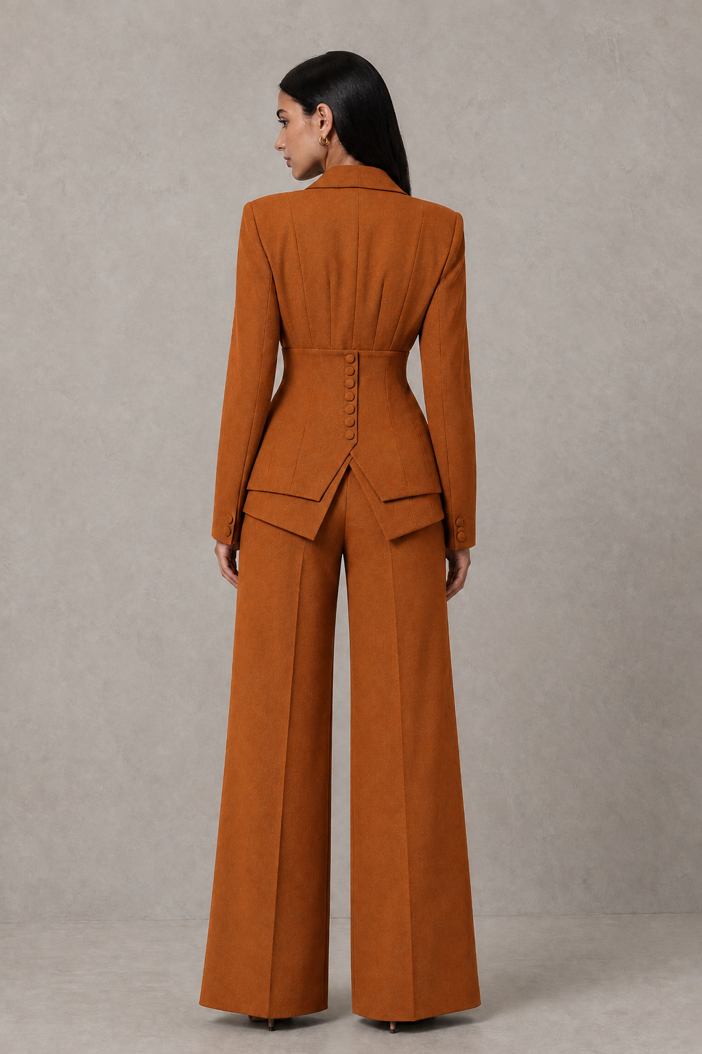 BOLODOO Burnt Orange Cinched Waist Blazer and Wide Leg Pants Two Piece Suit Set - Burnt Orange