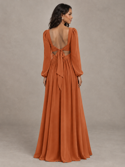 BOLODOO Burnt Orange V-Neck Long Sleeve Bridesmaid Dress with Tie Back and Slit - Burnt Orange - Burnt Orange_2