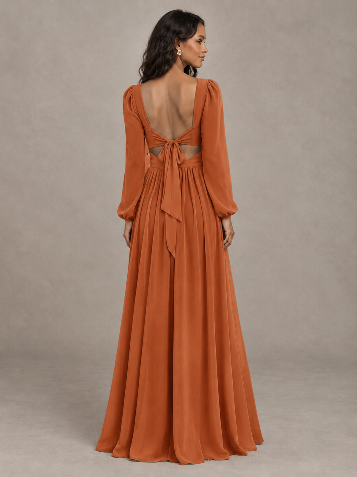 BOLODOO Burnt Orange V-Neck Long Sleeve Bridesmaid Dress with Tie Back and Slit - Burnt Orange - Burnt Orange_2