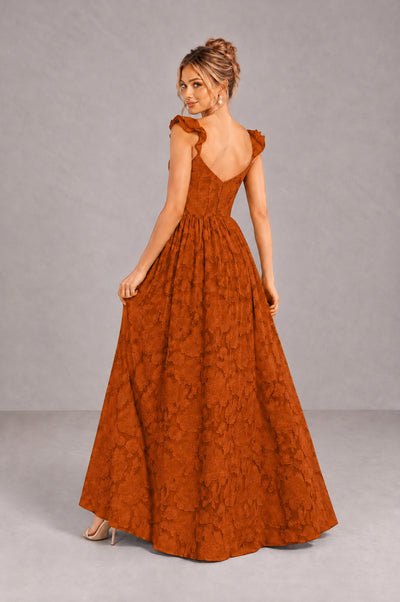 BOLODOO Burnt Orange Floral A-Line Bridesmaid Dress with Slit Ruffle Straps Maxi Gown - Burnt Orange - Burnt Orange_2