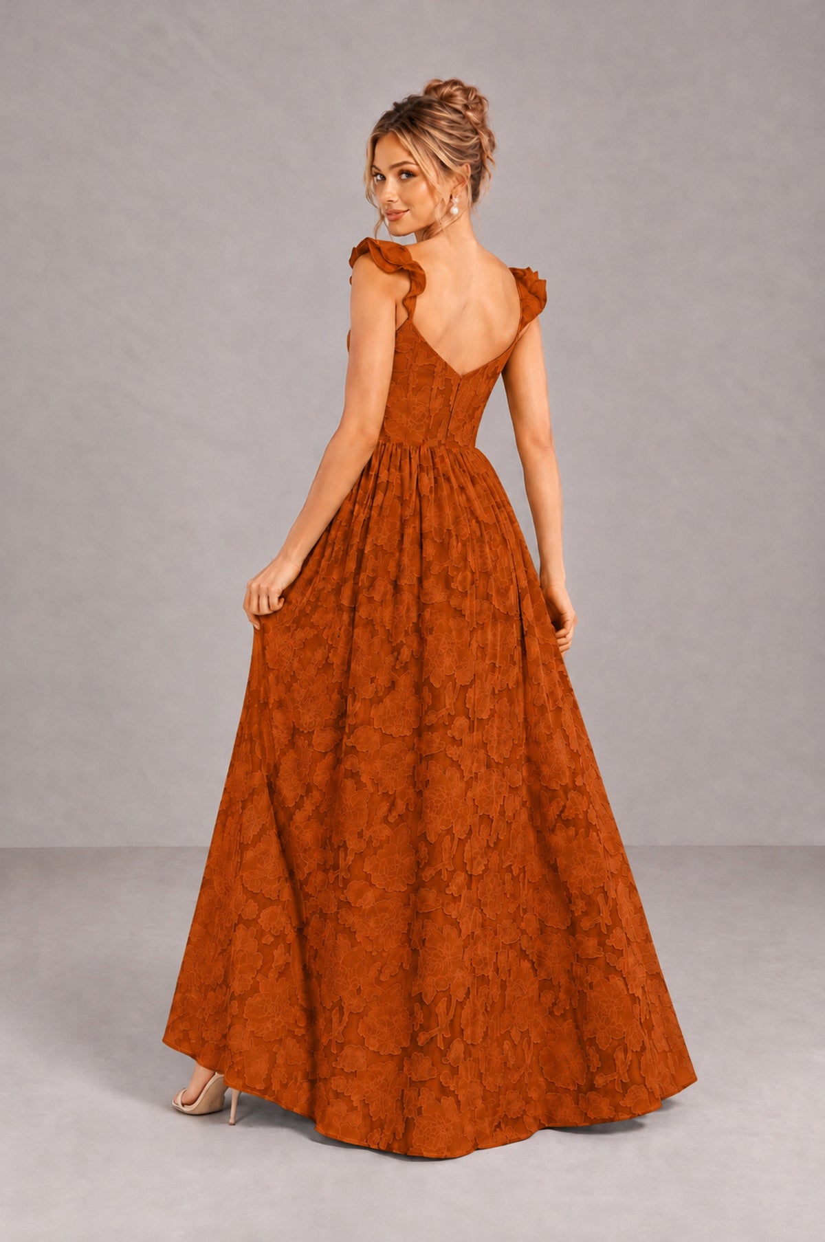 BOLODOO Burnt Orange Floral A-Line Bridesmaid Dress with Slit Ruffle Straps Maxi Gown - Burnt Orange - Burnt Orange_2