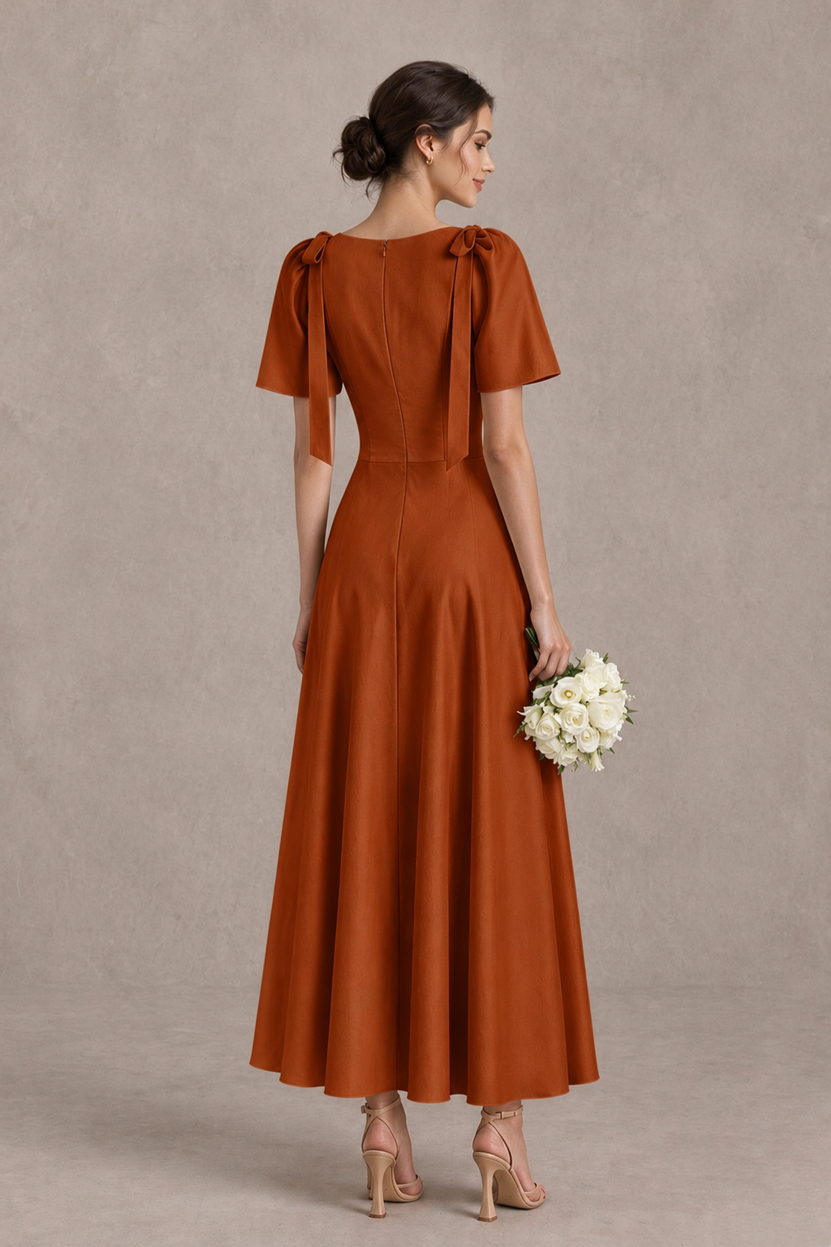 BOLODOO Burnt Orange V-Neck Short Sleeve Satin-Look Bridesmaid Dress with Shoulder Bows - Burnt Orange - Burnt Orange_2