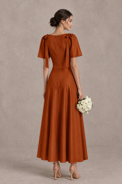 BOLODOO Burnt Orange V-Neck Short Sleeve Satin-Look Bridesmaid Dress with Shoulder Bows - Burnt Orange - Burnt Orange_2