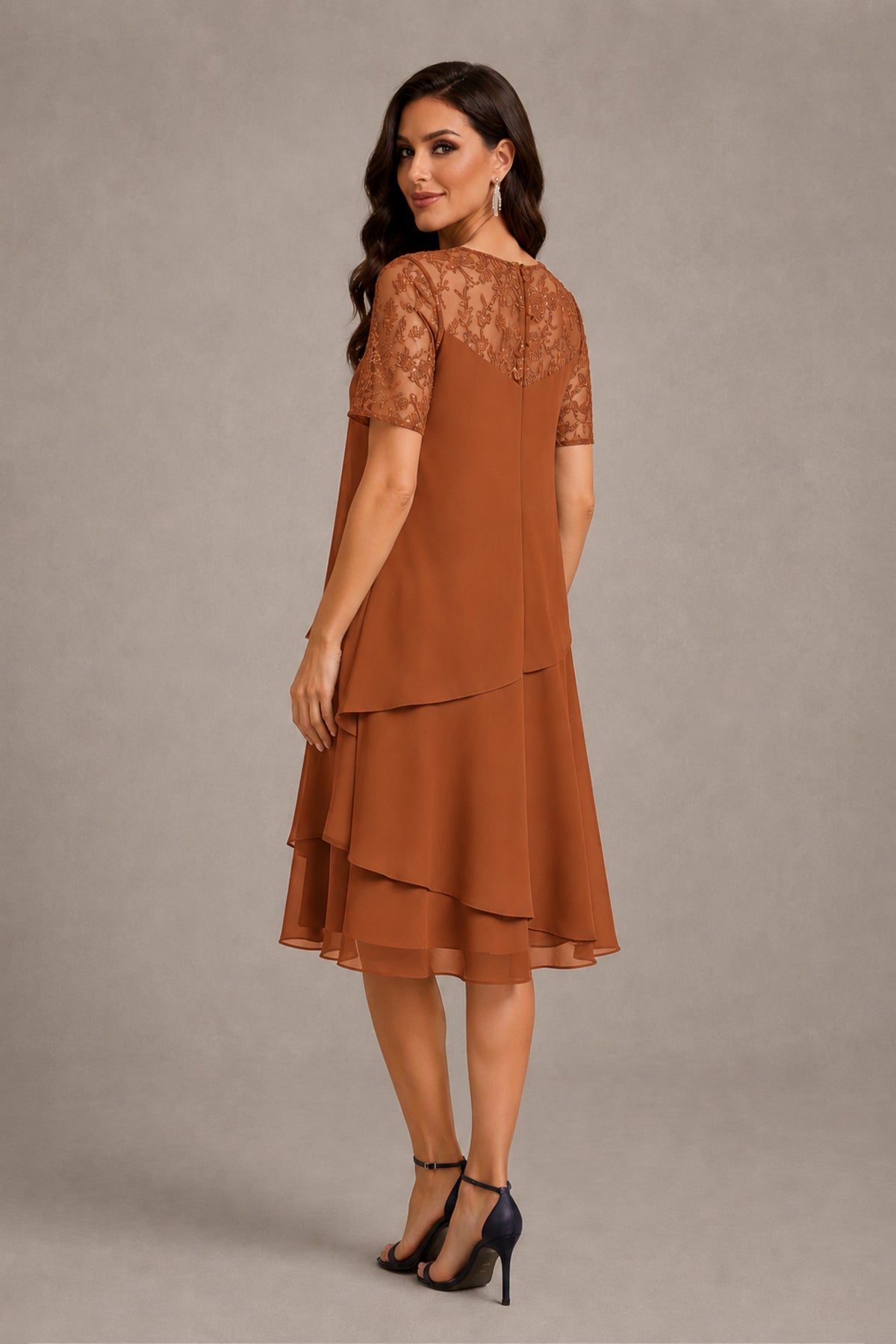 BOLODOO Burnt Orange Illusion Lace Short Sleeve Tiered Chiffon Tea Length Dress | Mother of the Bride Midi Dress - Burnt Orange