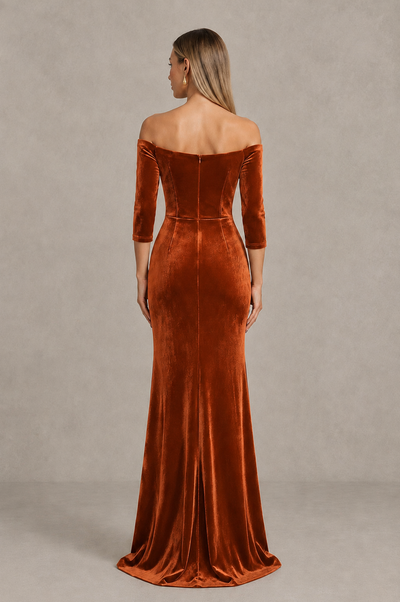 BOLODOO Burnt Orange Off-Shoulder Velvet Evening Dress with High Slit - Burnt Orange - Burnt_Orange_2