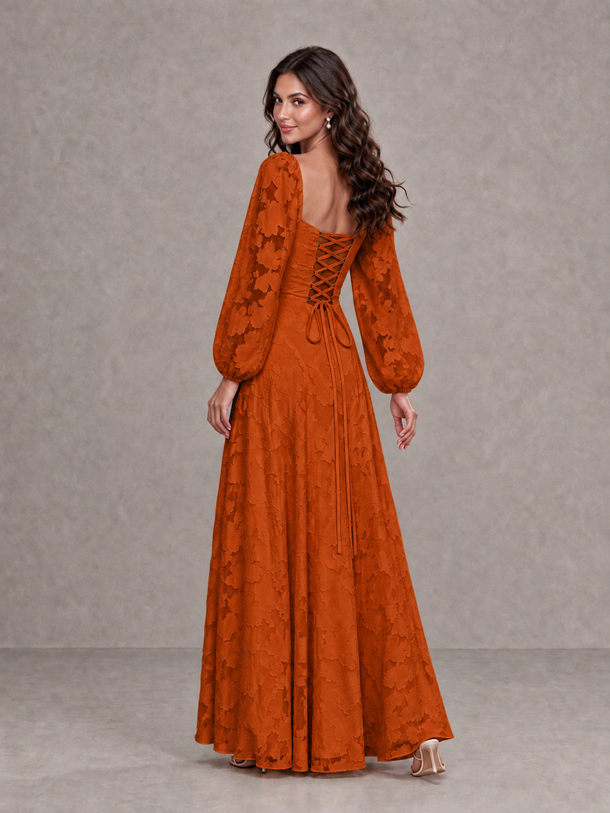 BOLODOO Burnt Orange Floral Long Sleeve A-Line Bridesmaid Dress - Burnt Orange - Burnt Orange_2