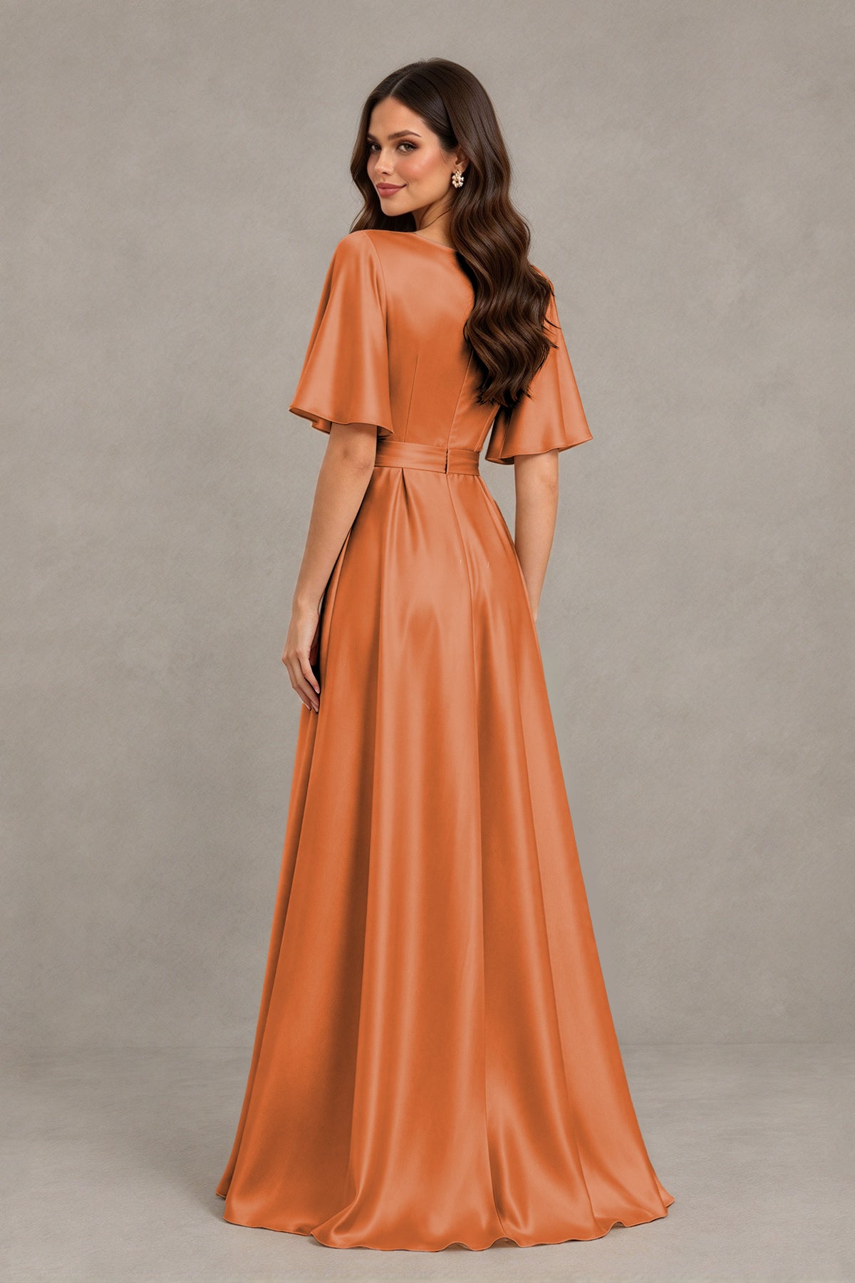 BOLODOO Burnt Orange Satin V-Neck Flutter Sleeve Bridesmaid Dress with Slit - Burnt Orange - Burnt Orange(2)