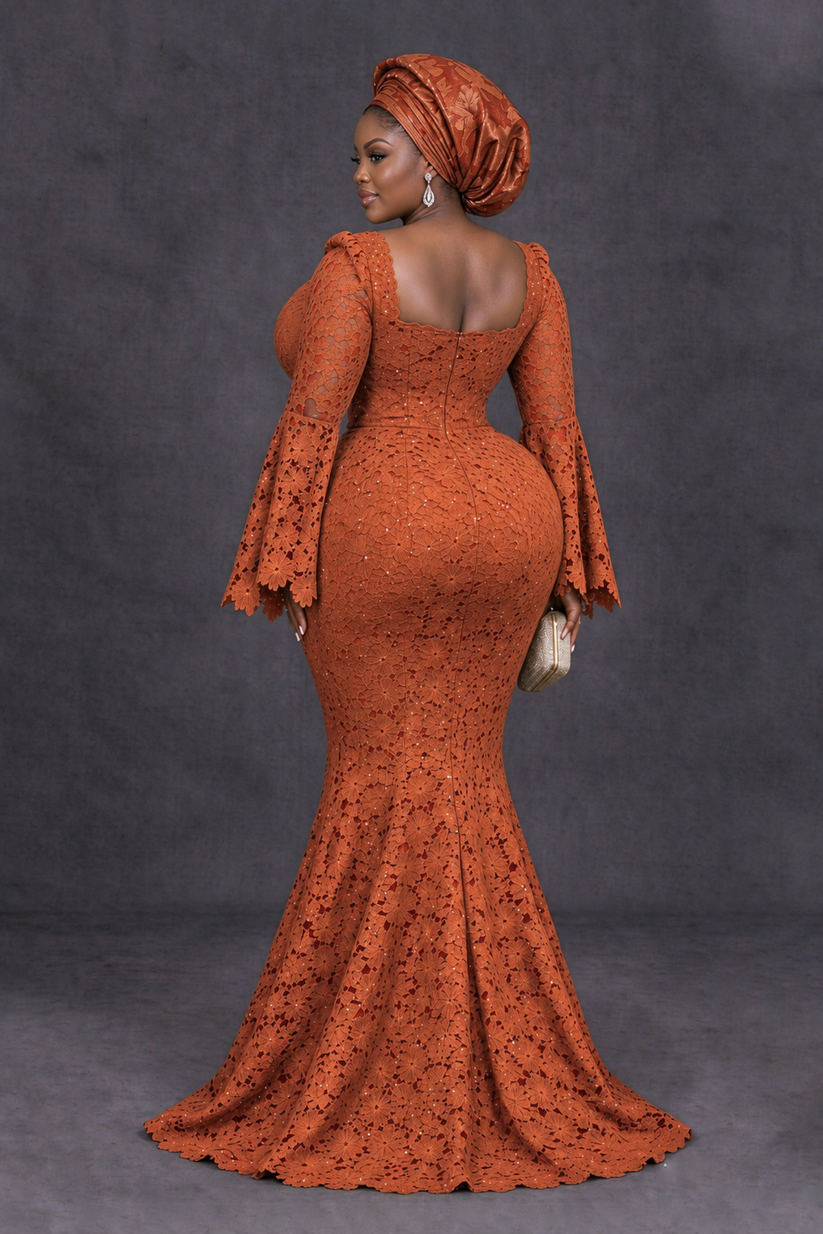 BOLODOO Burnt Orange African Lace Mermaid Dress, Plus Size Nigerian Wedding Guest Gown with Bell Sleeves - Burnt Orange - Burnt Orange_2