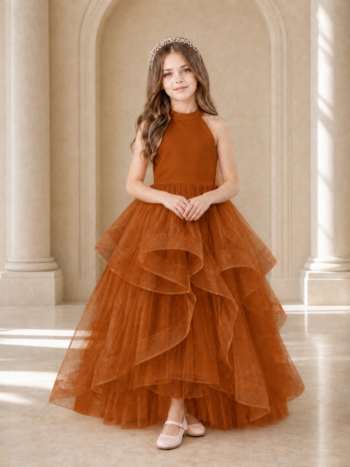BOLODOO Burnt Orange Halter Tiered Tulle Flower Girl Dress with Bow Back - Burnt Orange - Burnt Orange_2