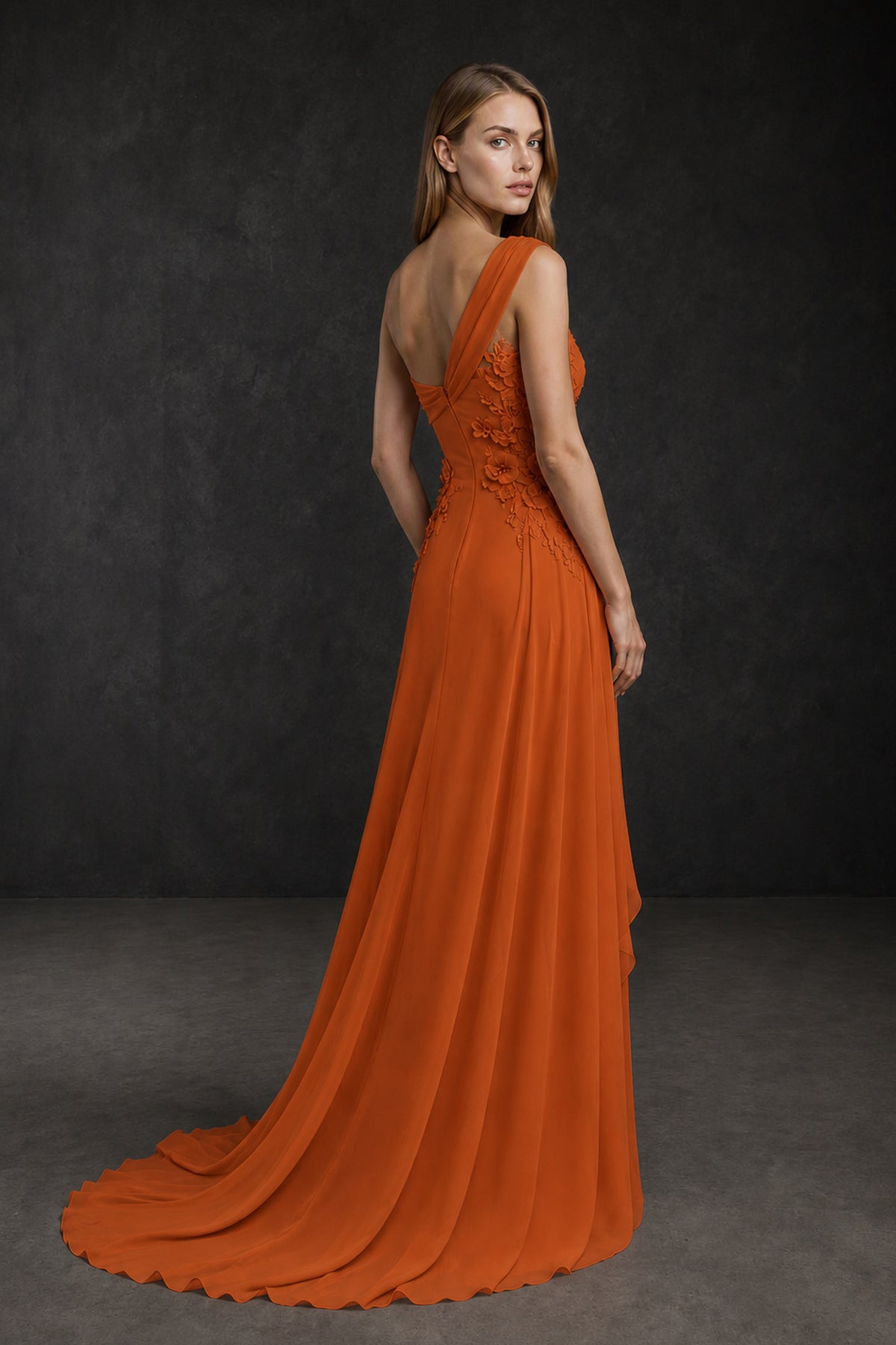 BOLODOO Burnt Orange One-Shoulder 3D Floral Appliqué Chiffon Gown with Open Back - Burnt Orange