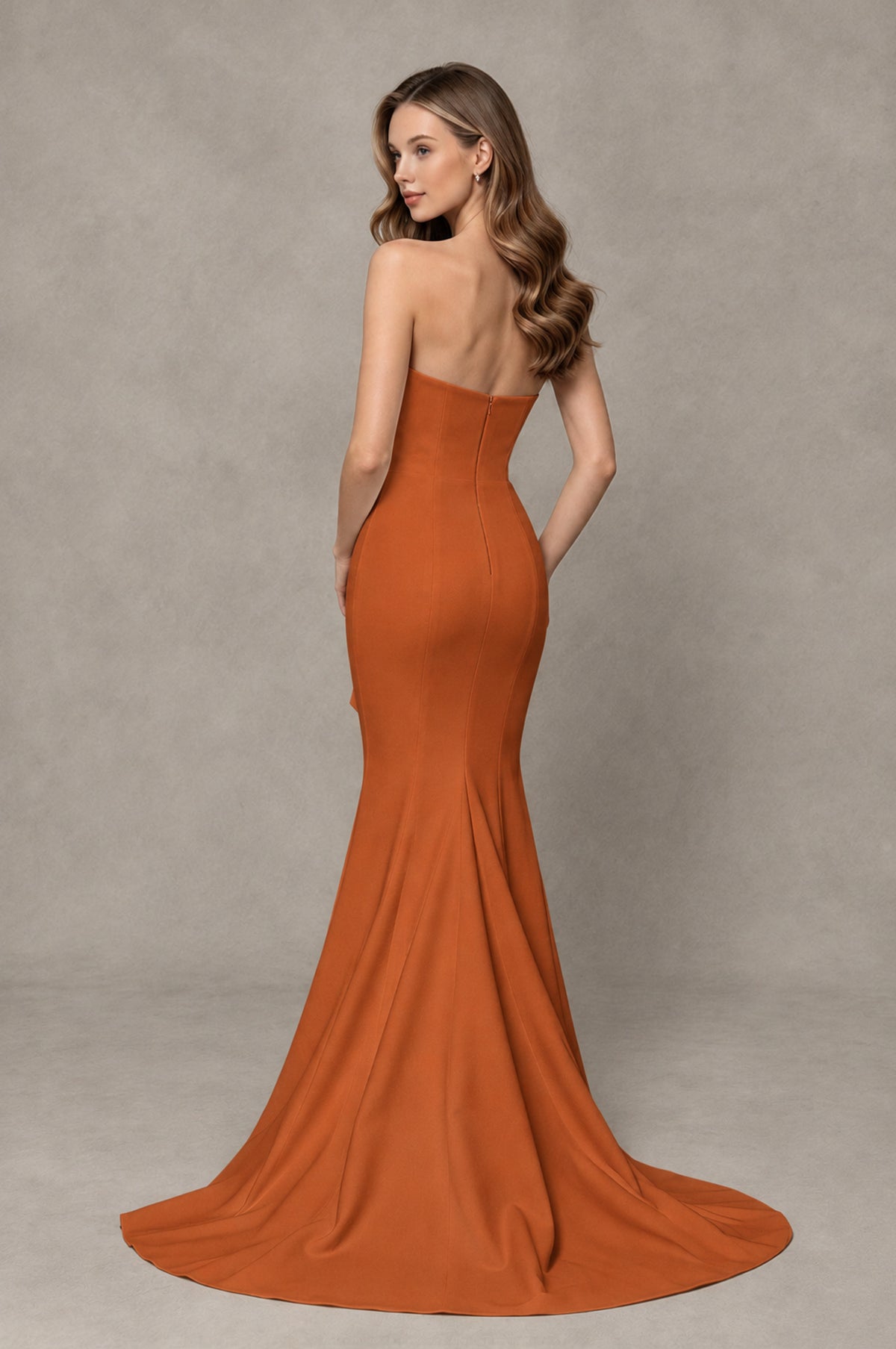 BOLODOO Burnt Orange Strapless Mermaid Evening Dress with Ruffle Slit and Train - Burnt Orange - Burnt Orange_2