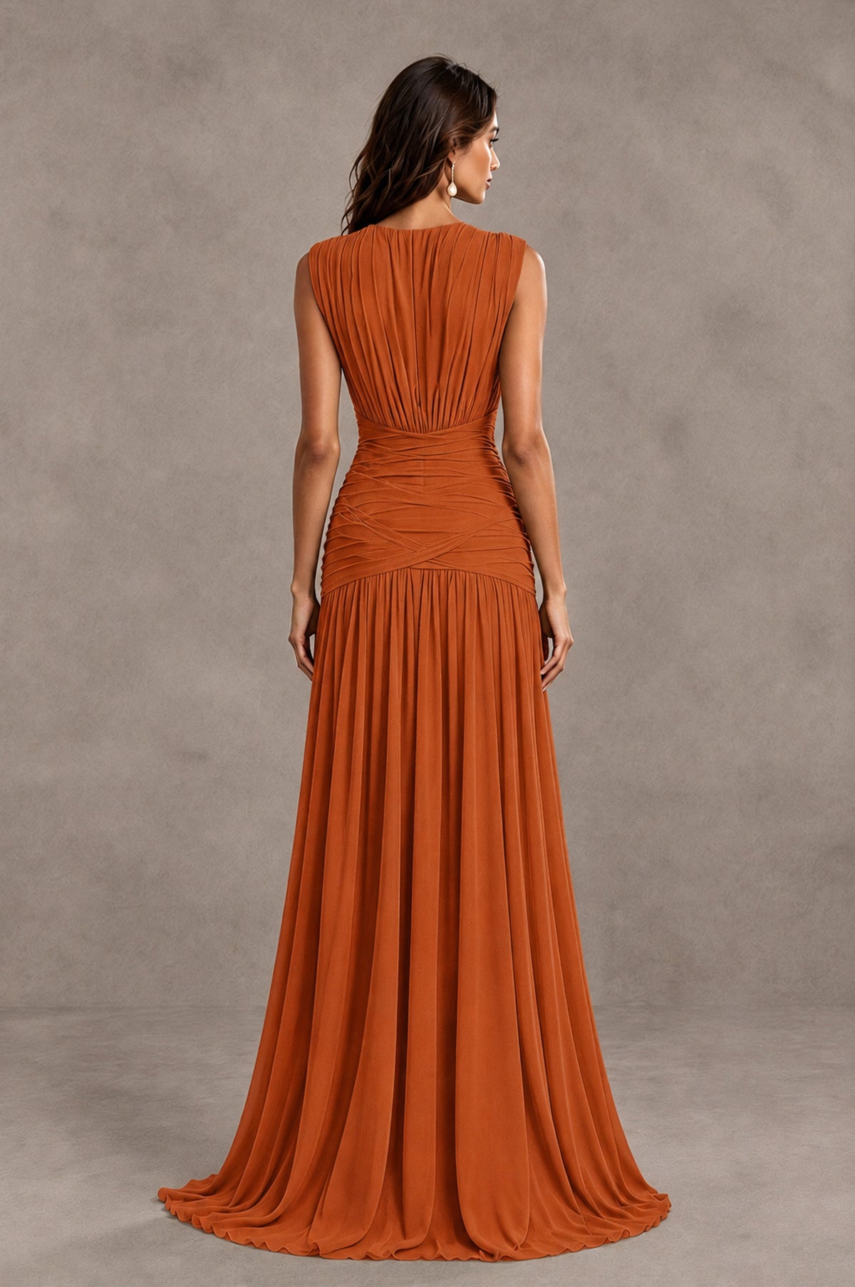 BOLODOO Burnt Orange V-Neck Ruched Wedding Guest Dress - Burnt Orange - Burnt Orange_2