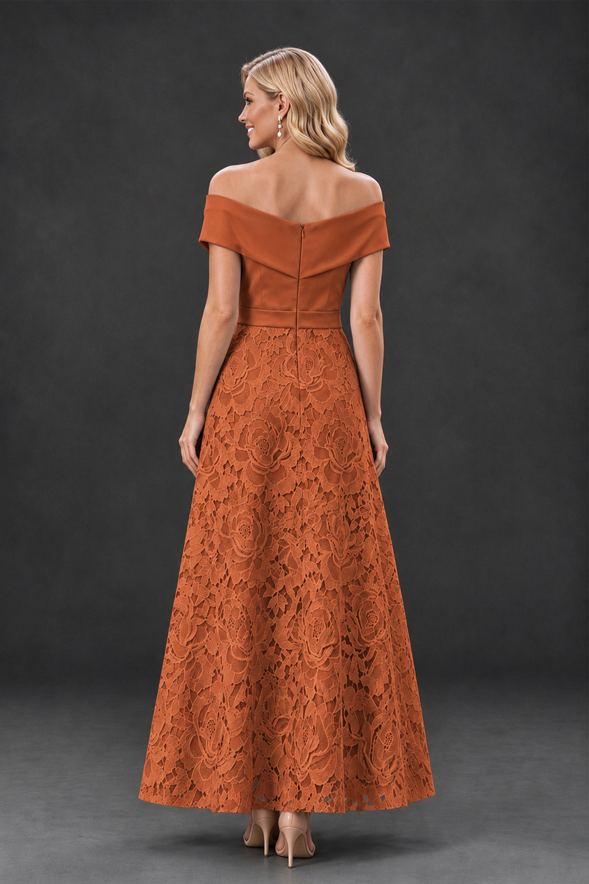 BOLODOO Burnt Orange Off-the-Shoulder Floral A-Line Mother of the Bride Dress - Burnt Orange - Burnt Orange_2