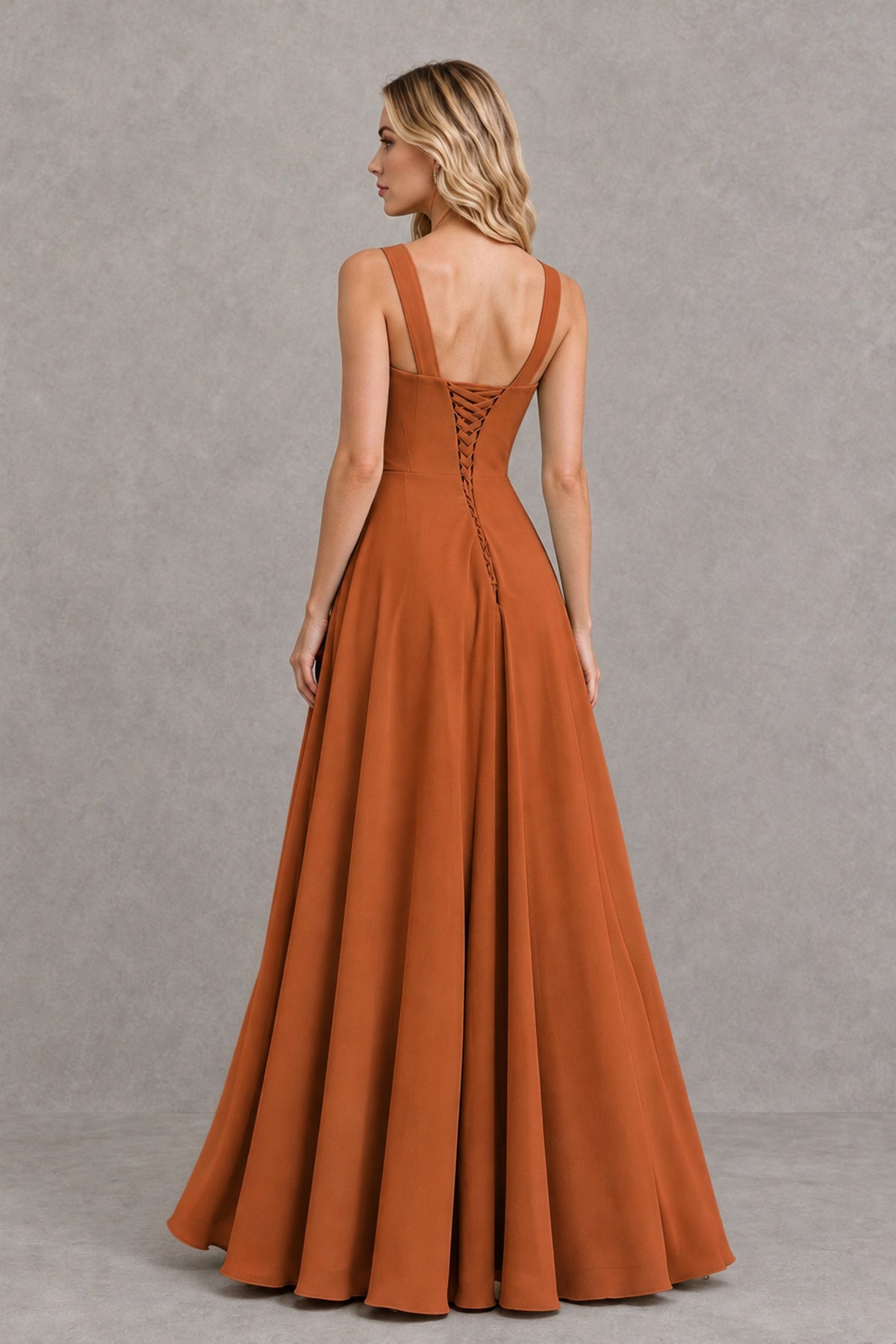 BOLODOO Burnt Orange Square Neck Ruffle A-Line Bridesmaid Dress with Slit - Burnt Orange - Burnt Orange_2