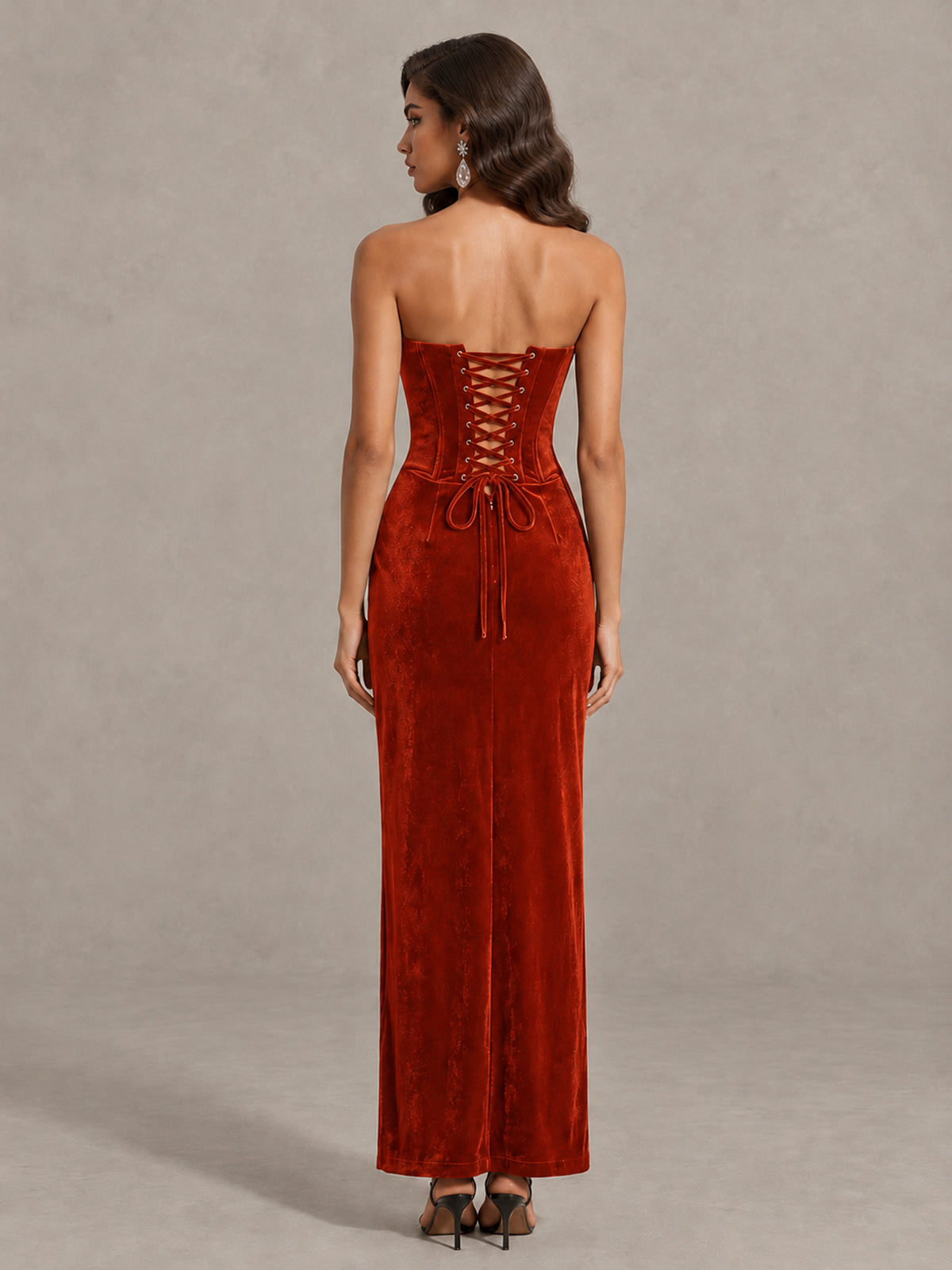 BOLODOO Burnt Orange Strapless Velvet Cocktail Maxi Dress - Burnt Orange - Burnt Orange_2