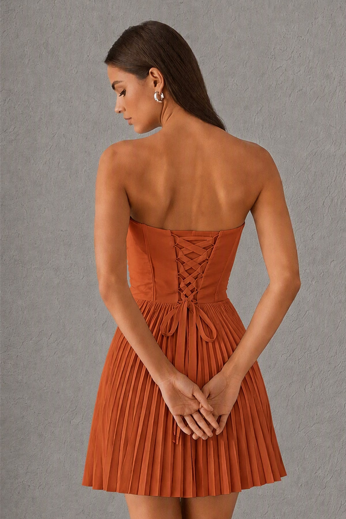 BOLODOO Burnt Orange Strapless Sweetheart Pleated Corset Mini Dress with Lace-Up Back - Burnt Orange