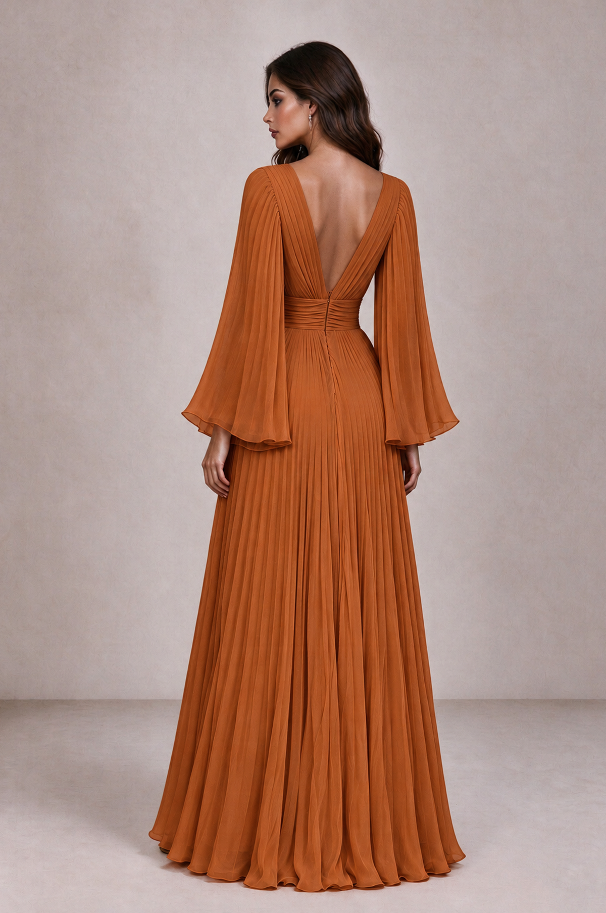 BOLODOO Burnt Orange Pleated Deep V-Neck Long Bell Sleeve Evening Dress - Burnt Orange - Burnt_Orange_2