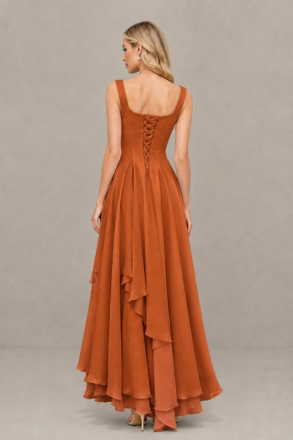 BOLODOO Burnt Orange Square Neck Chiffon Bridesmaid Dress with Lace-Up Back - Burnt Orange