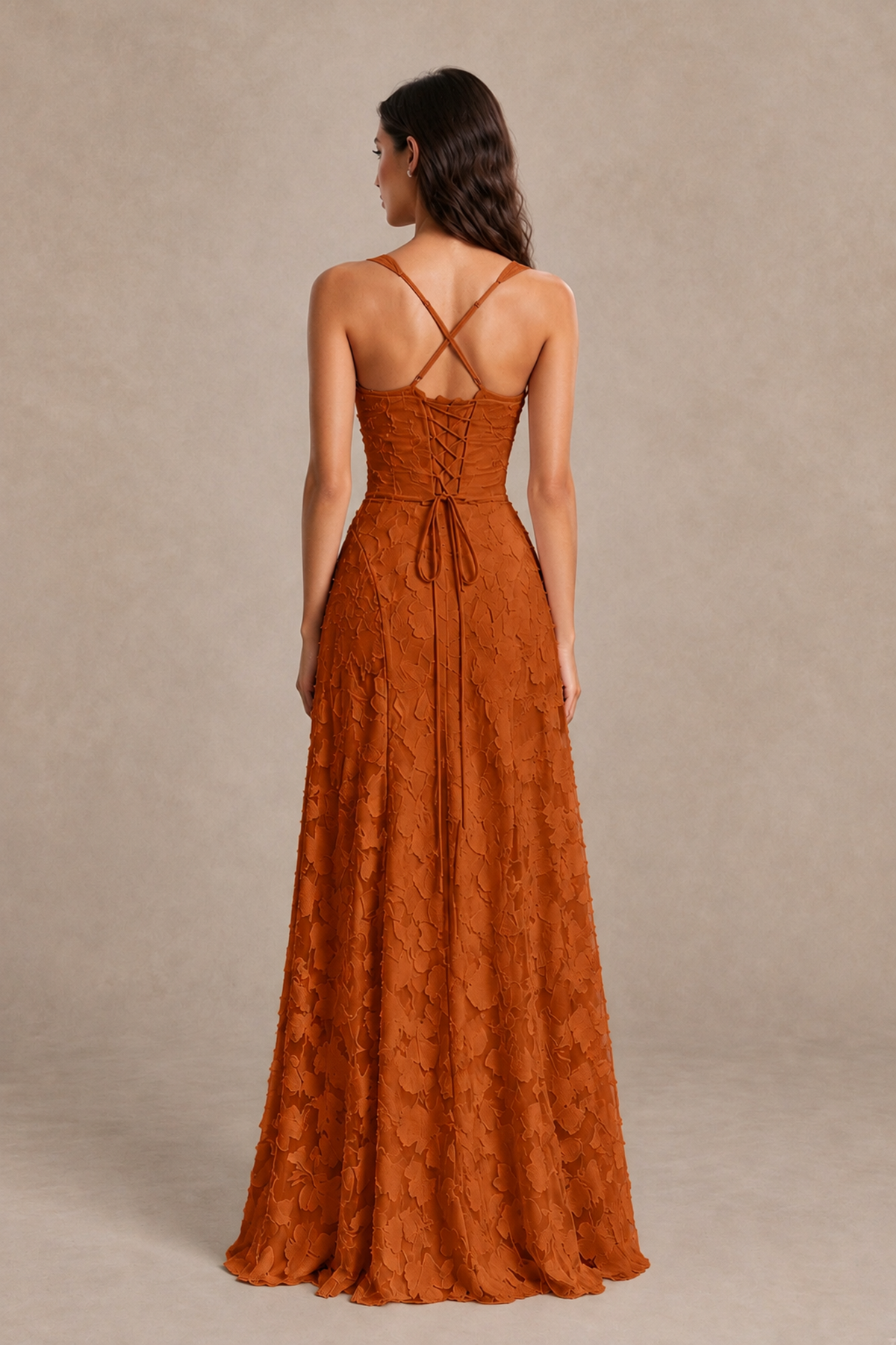 BOLODOO Burnt Orange Floral-Textured A-Line Dress with Lace-Up Back - Burnt Orange - Burnt Orange_2