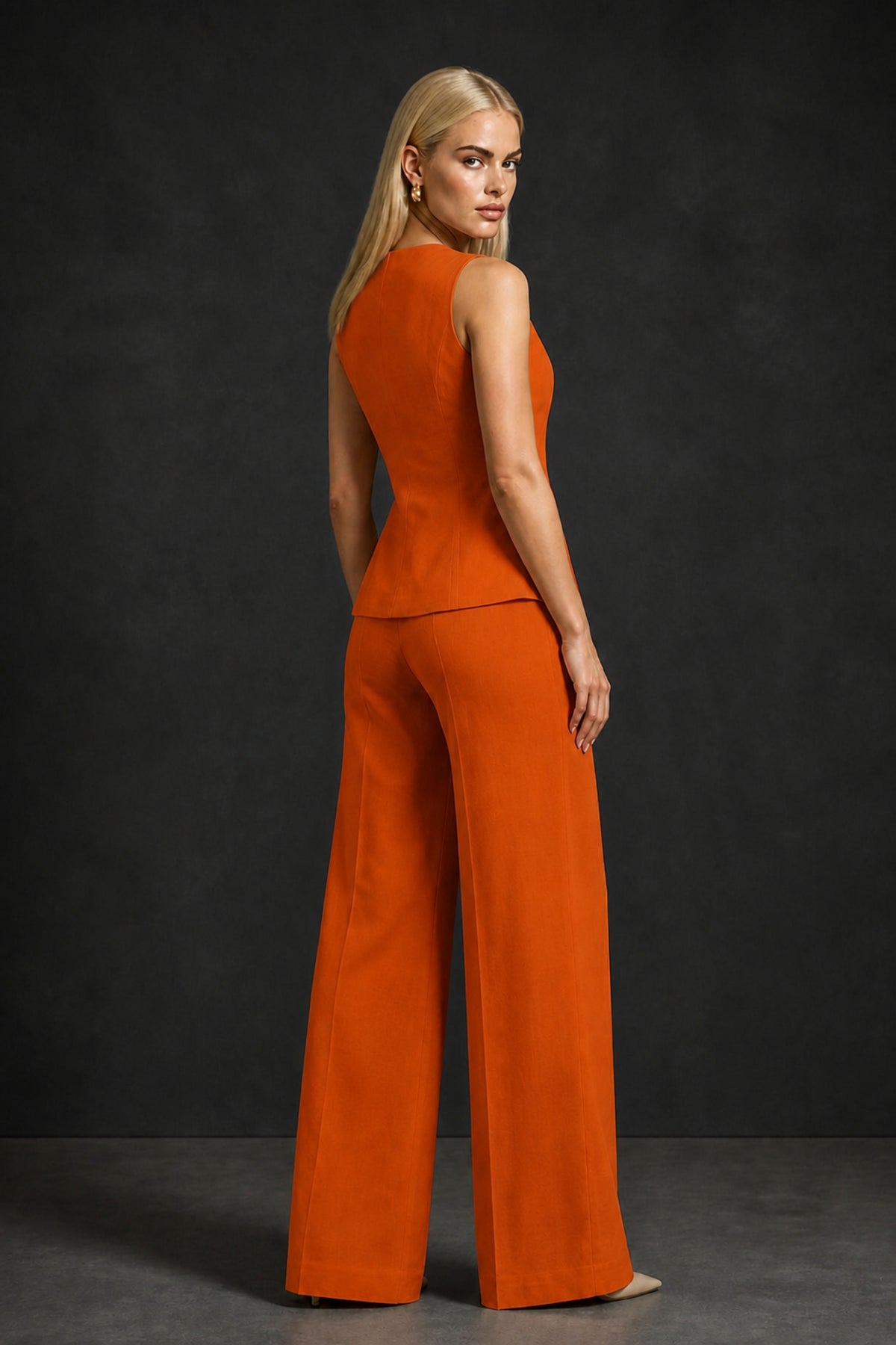BOLODOO Burnt Orange Sleeveless Vest Top & Wide-Leg Trousers Two-Piece Suit Set – Burnt Orange Button Asymmetric Formal Set - Burnt Orange
