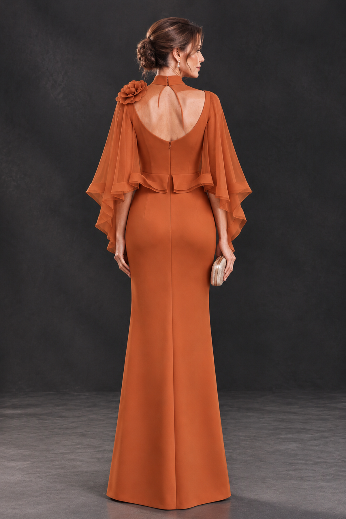 BOLODOO Burnt Orange Floral Cape Sleeve Mother of the Bride Dress - Burnt Orange - Burnt_Orange_2