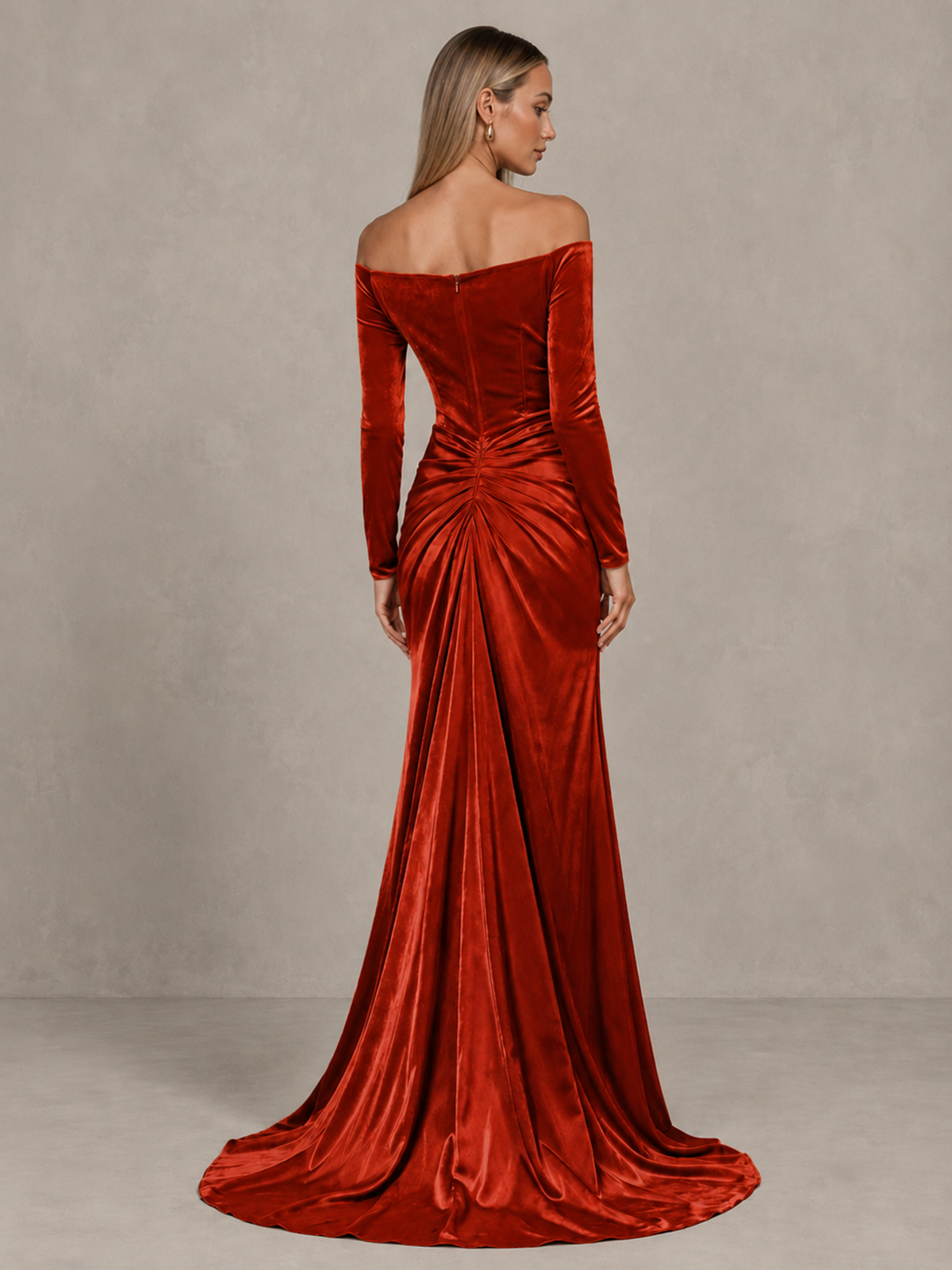 BOLODOO Burnt Orange Off-Shoulder Velvet Evening Gown with High Slit - Burnt Orange - Burnt Orange_2