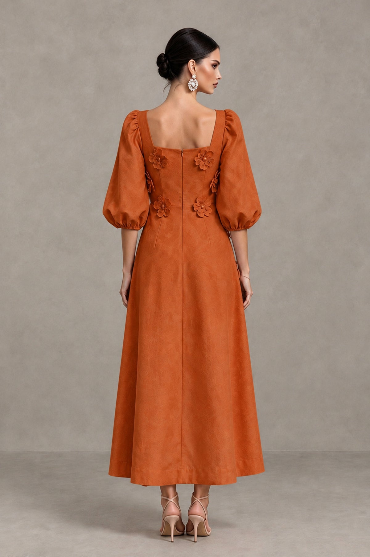 BOLODOO Burnt Orange 3D Floral Puff Sleeve Midi Cocktail Dress - Burnt Orange - Burnt Orange_2